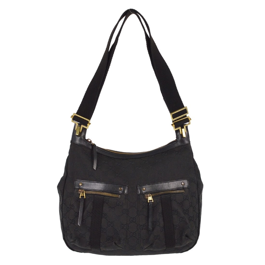 Medium Black Canvas Leather Shoulder Bag by Gucci with Brown Strap: Medium Black Canvas Leather Shoulder Bag by Gucci with Brown Strap This Gucci black GG shoulder bag features a medium-sized silhouette crafted from canvas leather. Designed for women, it has a brown s