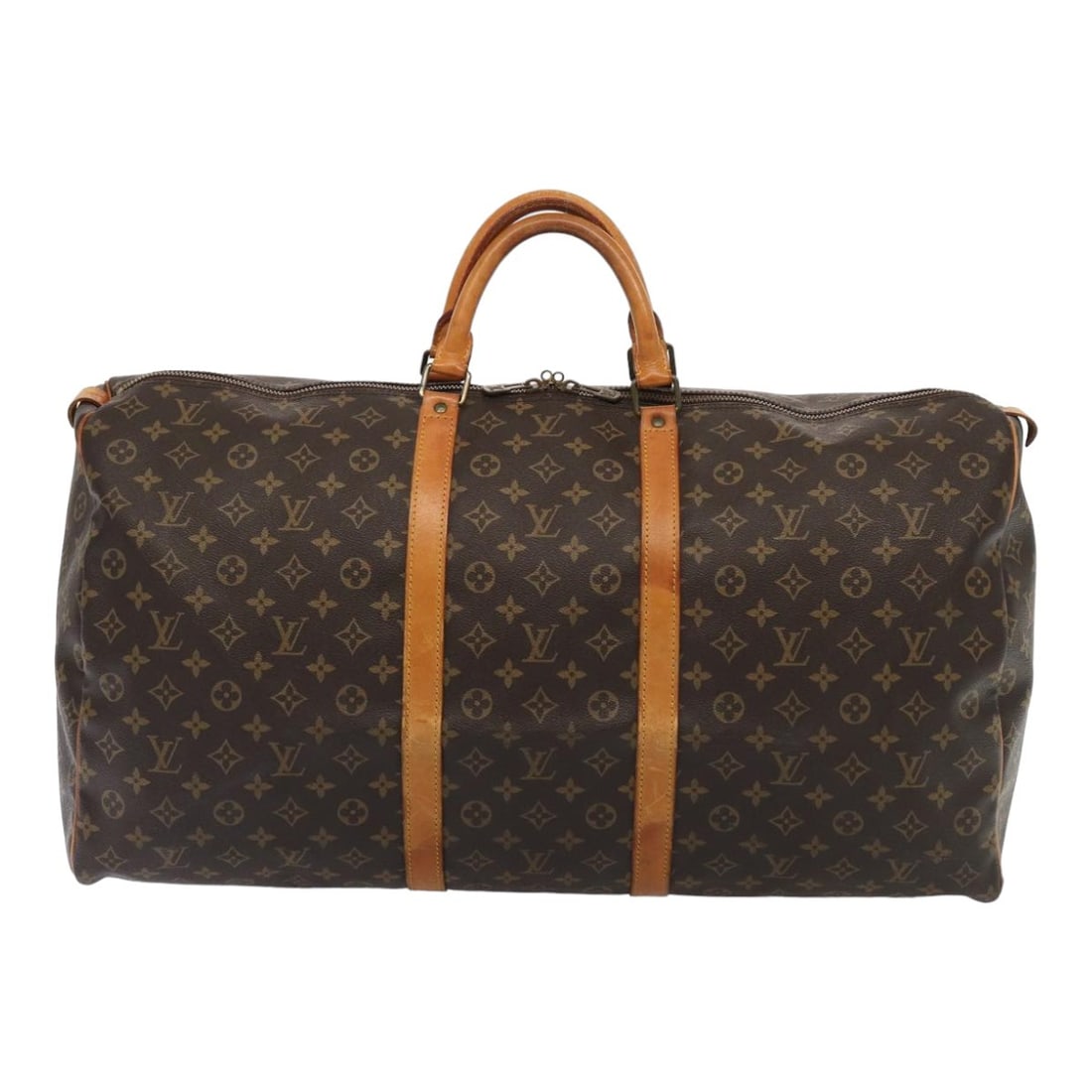 Keepall Travel Duffel in Monogram Canvas by Louis Vuitton: Keepall Travel Duffel in Monogram Canvas by Louis Vuitton This Louis Vuitton Keepall Bag features the iconic monogram canvas in brown and is designed for unisex use. The bag shows signs of wear, inclu