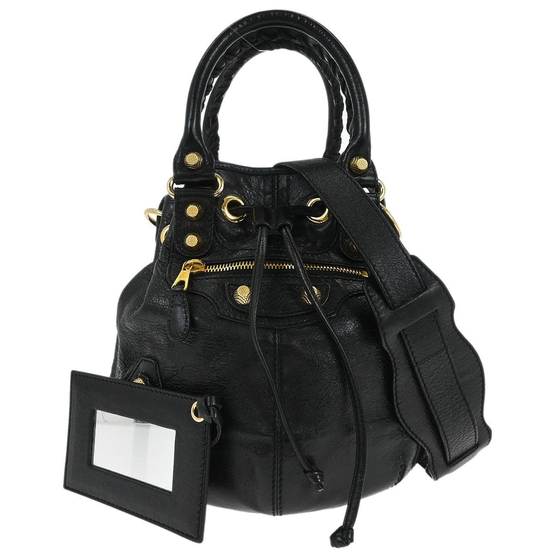 Balenciaga Pompon Small Black Leather Top Handle Bag with Logo Accent: Balenciaga Pompon Small Black Leather Top Handle Bag with Logo Accent This Balenciaga Black Giant Pompon handbag is crafted from leather and features a top handle design. The bag is accented with the 