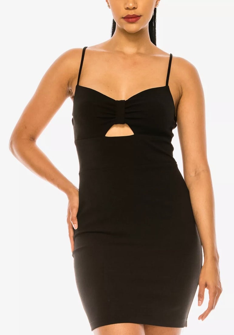 B. Darlin Black Bodycon Dress with Cutout and Bow Detail: B. Darlin Black Bodycon Dress with Cutout and Bow Detail Elevate your party wardrobe with this stylish B. Darlin Juniors Cutout Bodycon Dress in classic black. Designed with a sweetheart neckline, thi