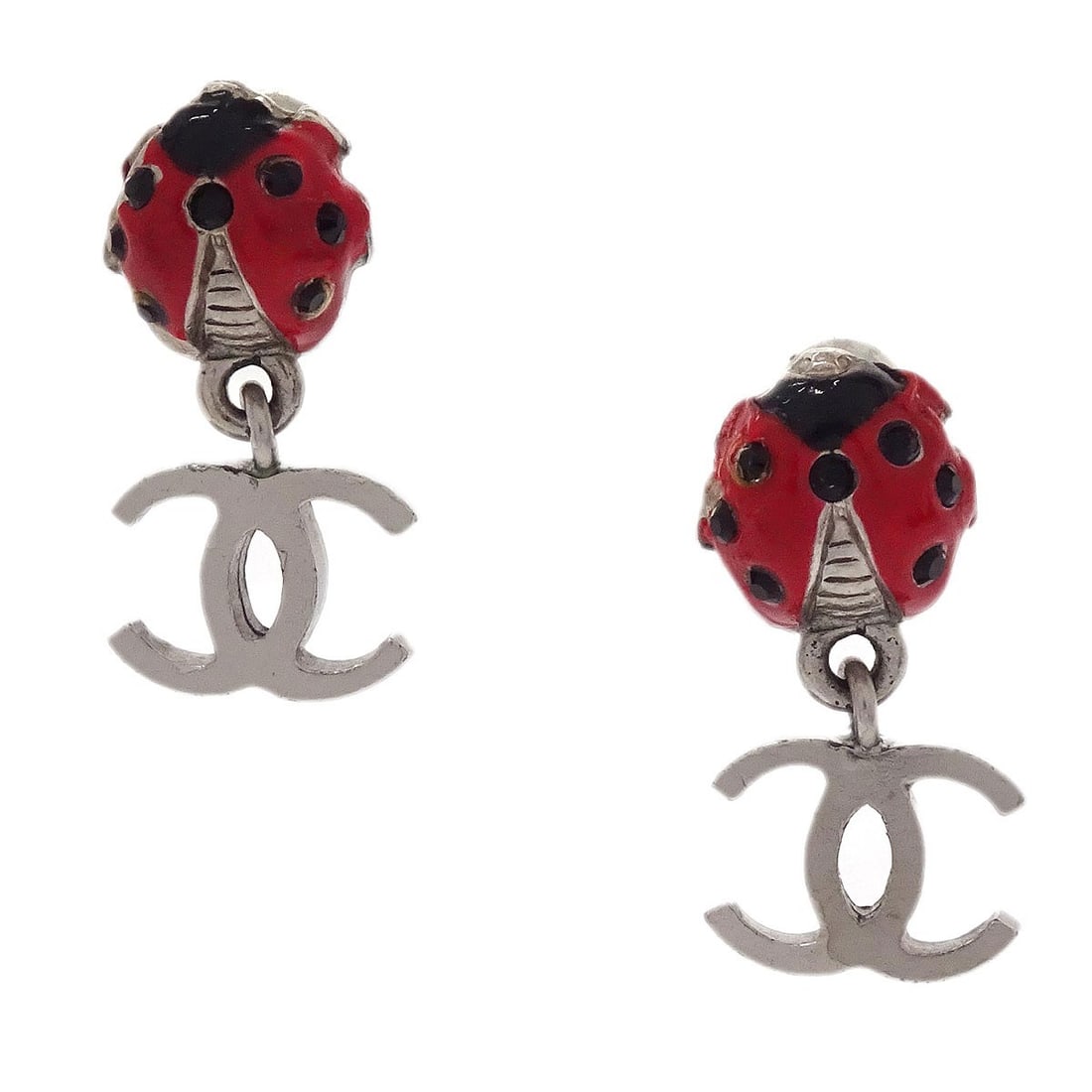 CHANEL Ladybug Drop Earrings Silver Plate CC Rhinestone 04P Pierced (1 of 4)