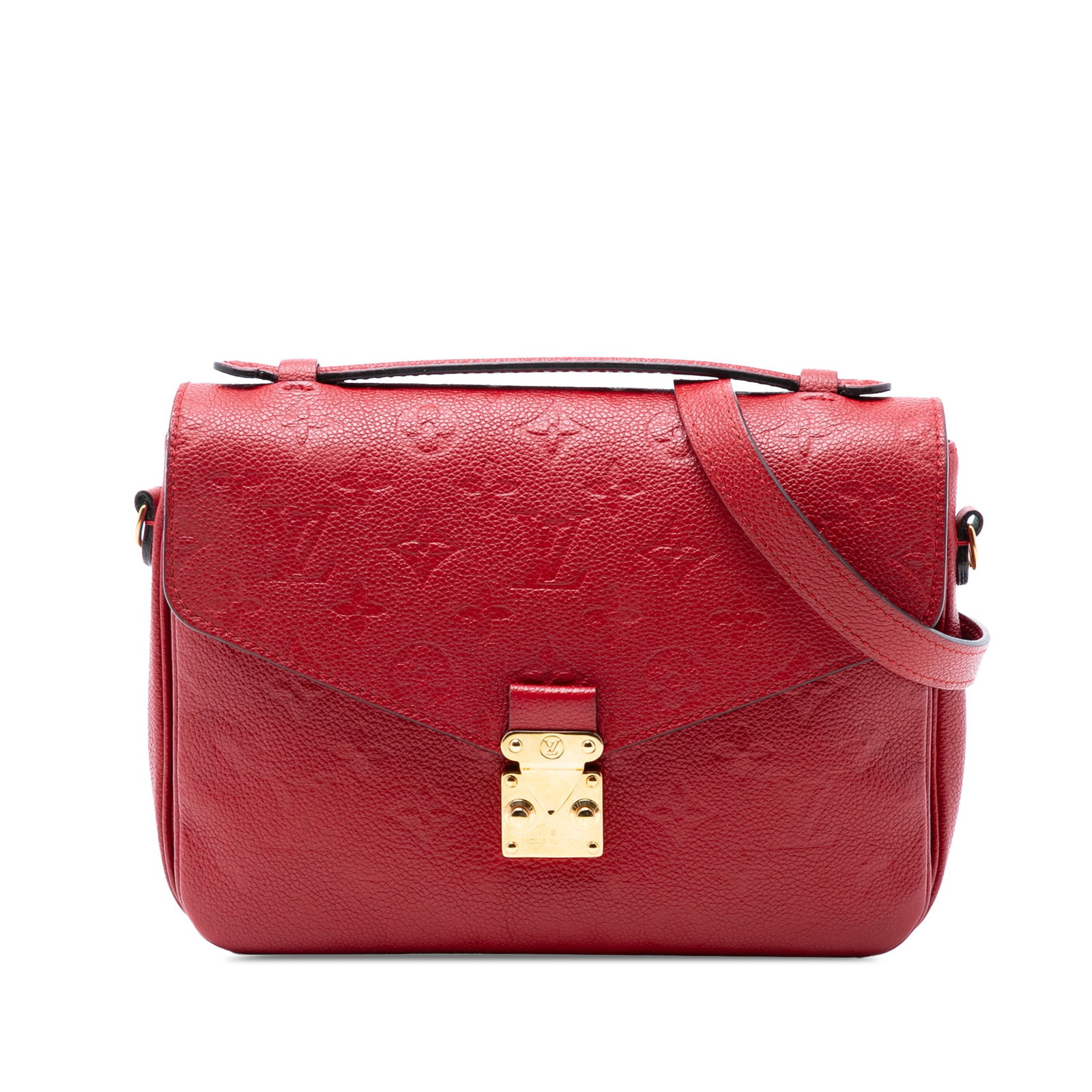 Louis Vuitton Pochette Metis Red Monogram Empreinte Leather Shoulder Bag: Louis Vuitton Pochette Metis Red Monogram Empreinte Leather Shoulder Bag This Louis Vuitton Pochette Metis in Monogram Empreinte leather features a red leather body, a flat top handle, a detachable fl