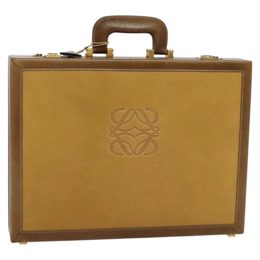 Beige Leather Anagram Business Bag by Loewe Unisex: Beige Leather Anagram Business Bag by Loewe Unisex This Loewe Anagram Business bag is crafted from beige leather and designed for unisex use. The bag features signs of gentle wear, including rubbing o