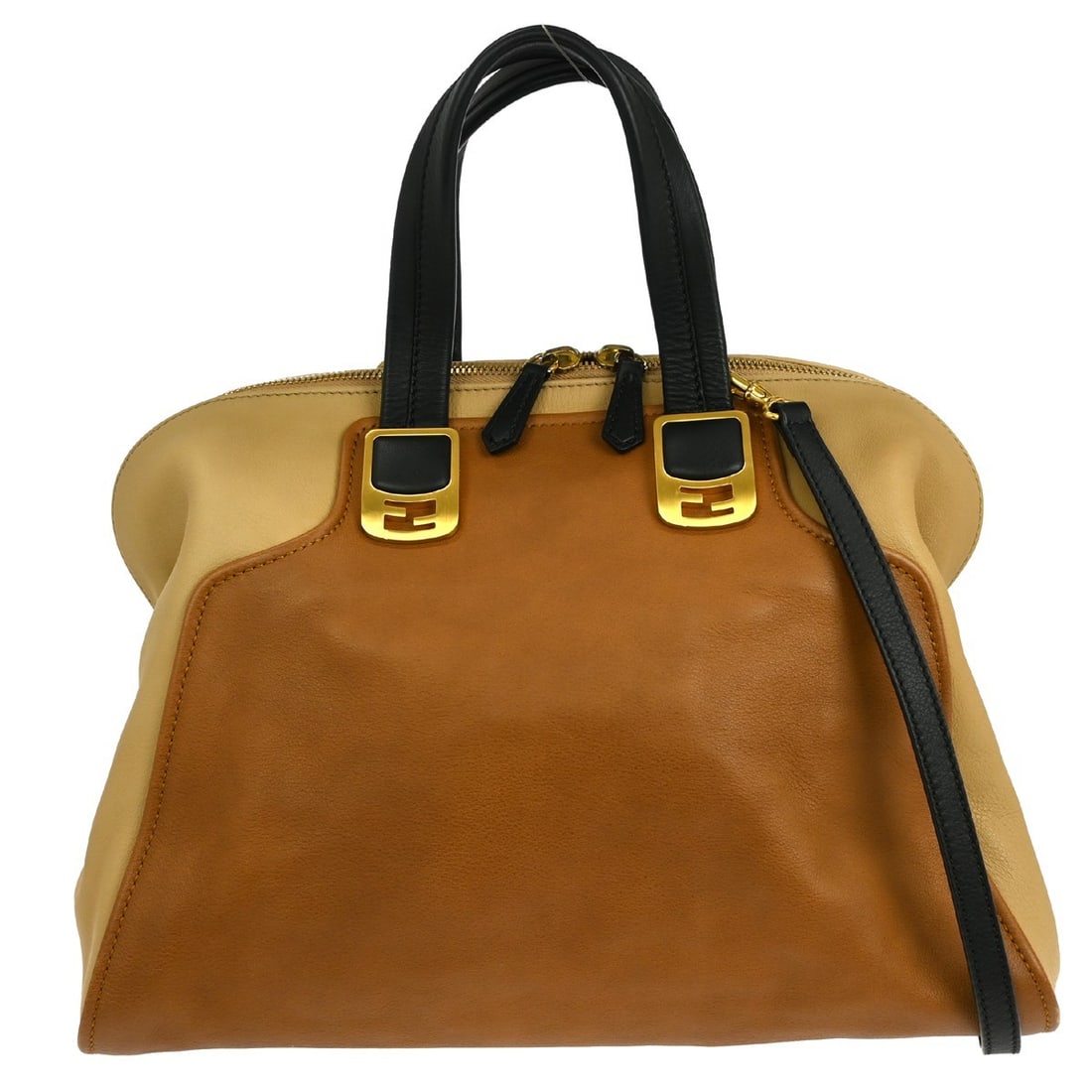 Fendi Brown Canvas 2-Way Shoulder Handbag with Logo Accents 8BL110-HJK: Fendi Brown Canvas 2-Way Shoulder Handbag with Logo Accents 8BL110-HJK This Fendi 2-way handbag features a brown canvas exterior with gold-tone hardware and logo accents. The medium-sized bag offers v