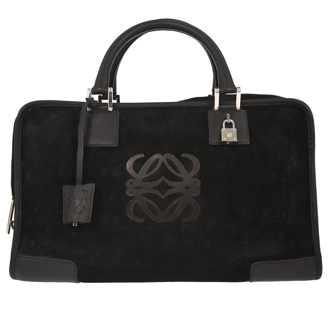 Loewe Amazona 36 Large Black Suede Top Handle Bag with Double Handles: Loewe Amazona 36 Large Black Suede Top Handle Bag with Double Handles This Loewe Amazona 36 handbag features a black suede leather exterior with double leather handles and a zip closure. Designed in a