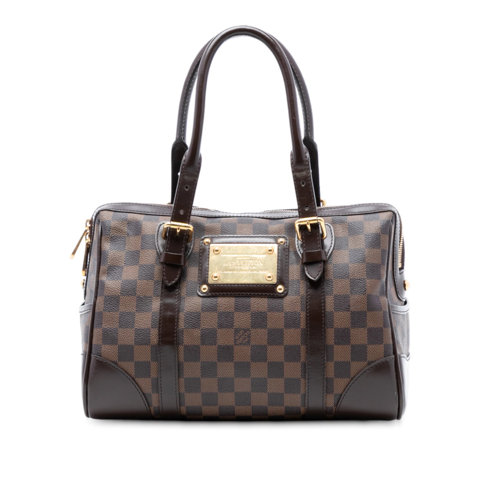 Damier Ebene Berkeley Handbag by Louis Vuitton with Rolled Leather Handles: Damier Ebene Berkeley Handbag by Louis Vuitton with Rolled Leather Handles This Louis Vuitton Damier Ebene Berkeley bag features a signature damier canvas body complemented by rolled leather handles a