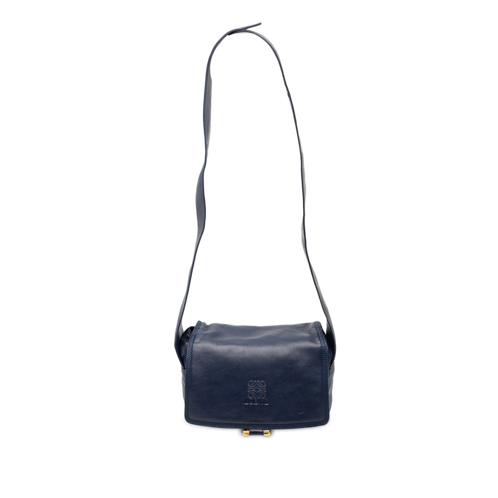 Blue Loewe Anagram Flap Leather Crossbody Bag with Zip Pocket: Blue Loewe Anagram Flap Leather Crossbody Bag with Zip Pocket This Loewe Anagram Leather Flap Crossbody bag is crafted from blue leather and features a flat leather strap and a front flap with a magne