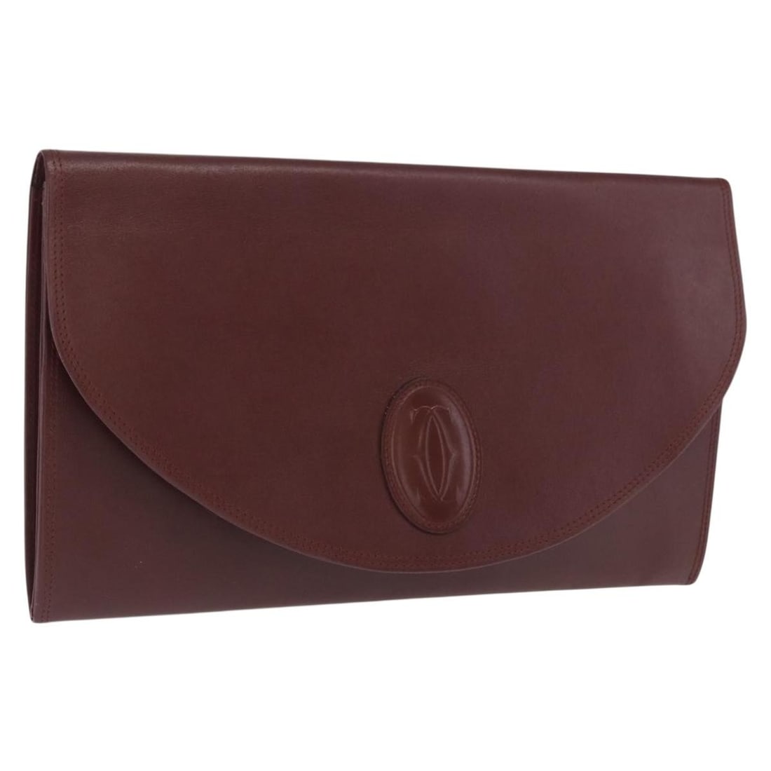 Cartier Must Line Bordeaux Leather Clutch with Gold Tone Detail: Cartier Must Line Bordeaux Leather Clutch with Gold Tone Detail This Cartier Must Line clutch bag is crafted from bordeaux leather with gold-tone accents. Made in Italy, it features a streamlined silh