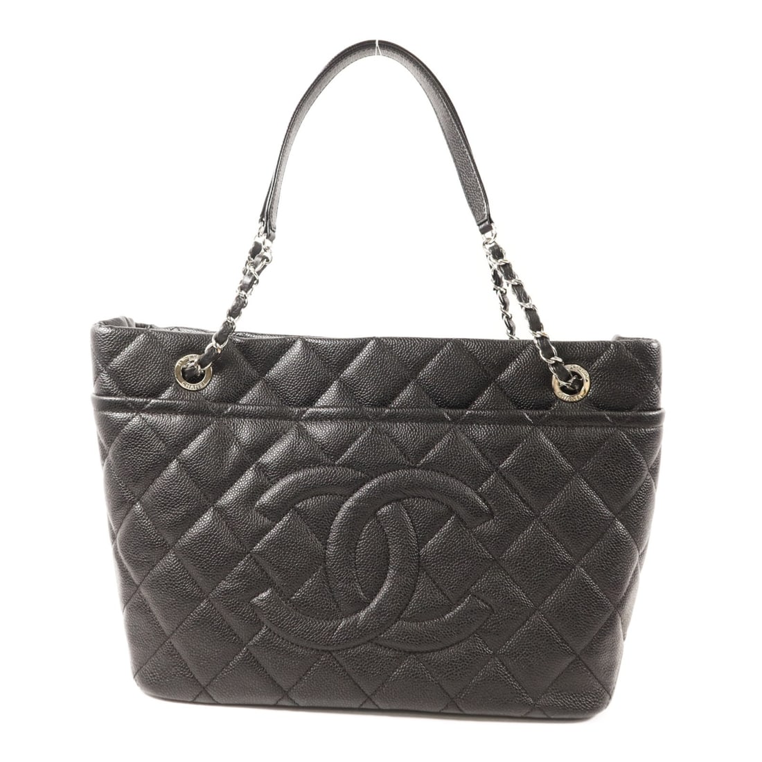 Black Calfskin Leather CHANEL Tote with Silver CC Hardware: Black Calfskin Leather CHANEL Tote with Silver CC Hardware This CHANEL tote bag is crafted from black calfskin leather and features the signature CC logo with silver-tone hardware. Designed for women,