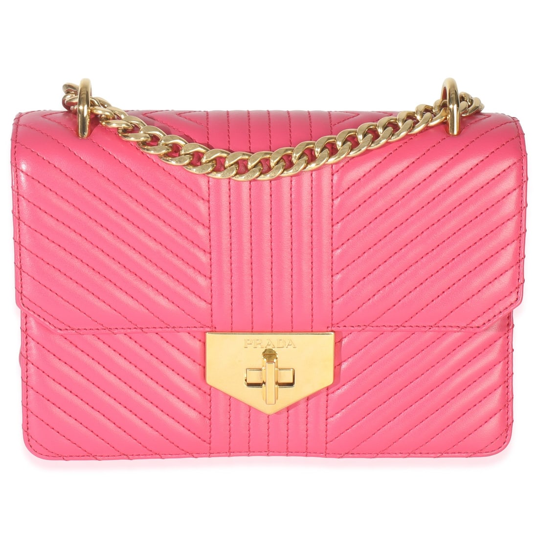 Prada Turn Lock Chain Flap Shoulder Bag in Pink Calfskin Leather: Prada Turn Lock Chain Flap Shoulder Bag in Pink Calfskin Leather This Prada Turn Lock Chain Flap Bag features a pink leather exterior with gold-tone hardware and a turnlock closure. The bag is designe