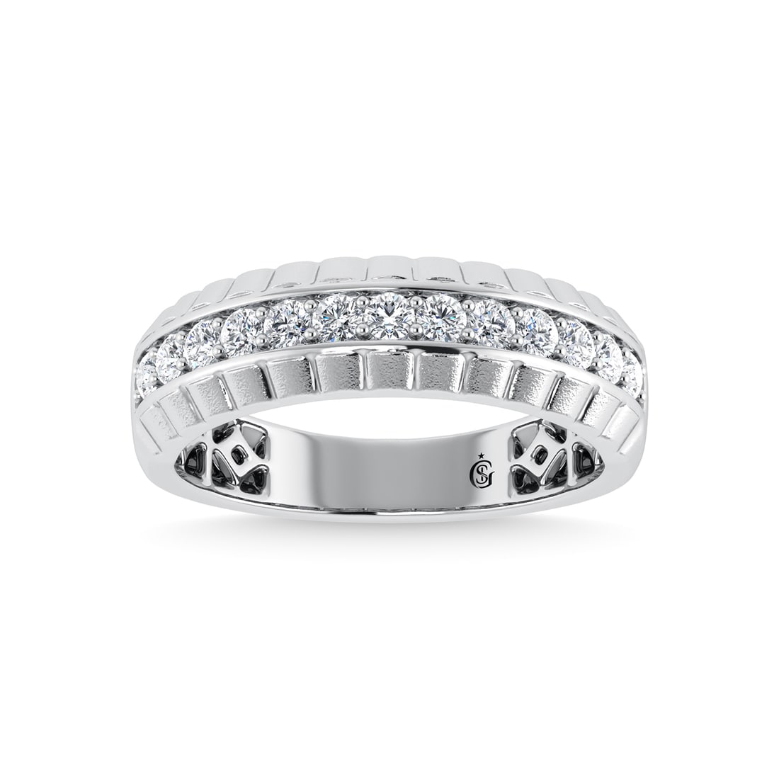 14K White Gold Diamond 1/2 Ct.Tw. Mens Band: 14K White Gold Diamond 1/2 Ct.Tw. Mens Band 14k White Gold Stone Color: G-h Stone Clarity: I1-i2 Each ring is presented in standard size 6.5. Complimentary resizing is available between sizes 510 (in 