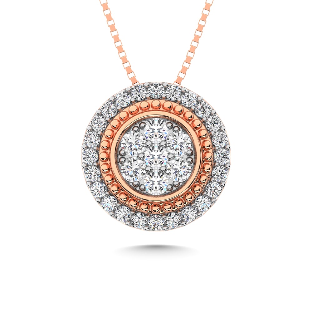 14K Rose Gold Diamond 1/3 Ct.Tw. Fashion Pendant: 14K Rose Gold Diamond 1/3 Ct.Tw. Fashion Pendant 14k Rose Gold Stone Color: G-h Stone Clarity: I1 Unless otherwise specified, pendants that include a chain are paired with our standard 18-inch length.