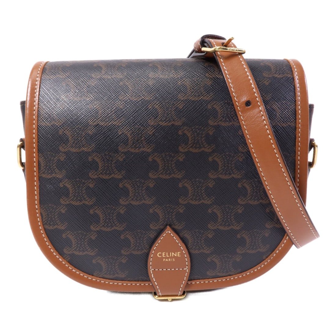 Celine Folco Shoulder Bag Brown PVC Coated Canvas with Gold Hardware: Celine Folco Shoulder Bag Brown PVC Coated Canvas with Gold Hardware This CELINE Folco shoulder bag features a brown PVC coated canvas exterior, designed for women. The bag offers a regular size with 