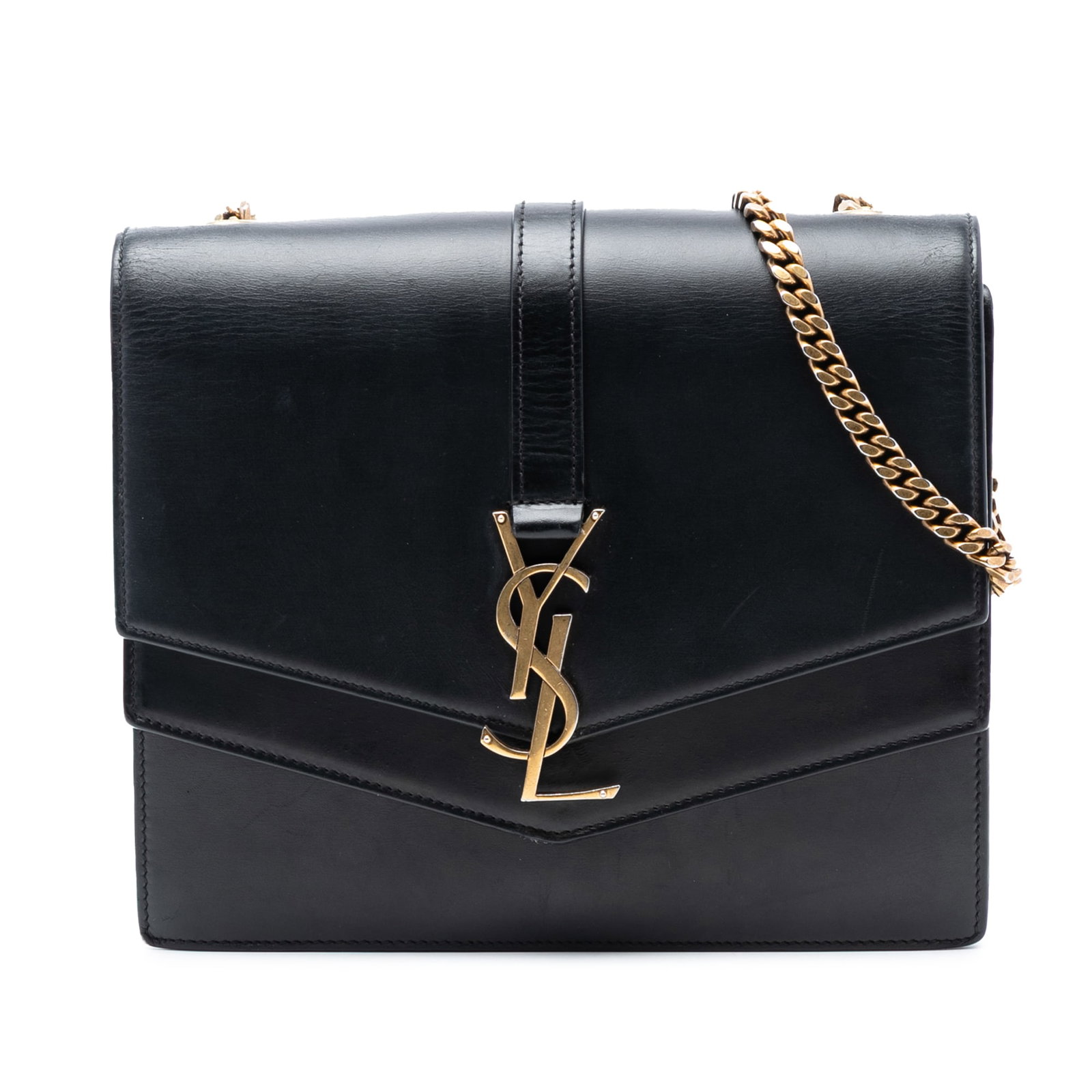 Saint Laurent Sulpice Medium Black Leather Monogram Chain Strap Bag: Saint Laurent Sulpice Medium Black Leather Monogram Chain Strap Bag This Saint Laurent Medium Leather Monogram Sulpice Crossbody bag features a black leather body with a chain link strap and leather g