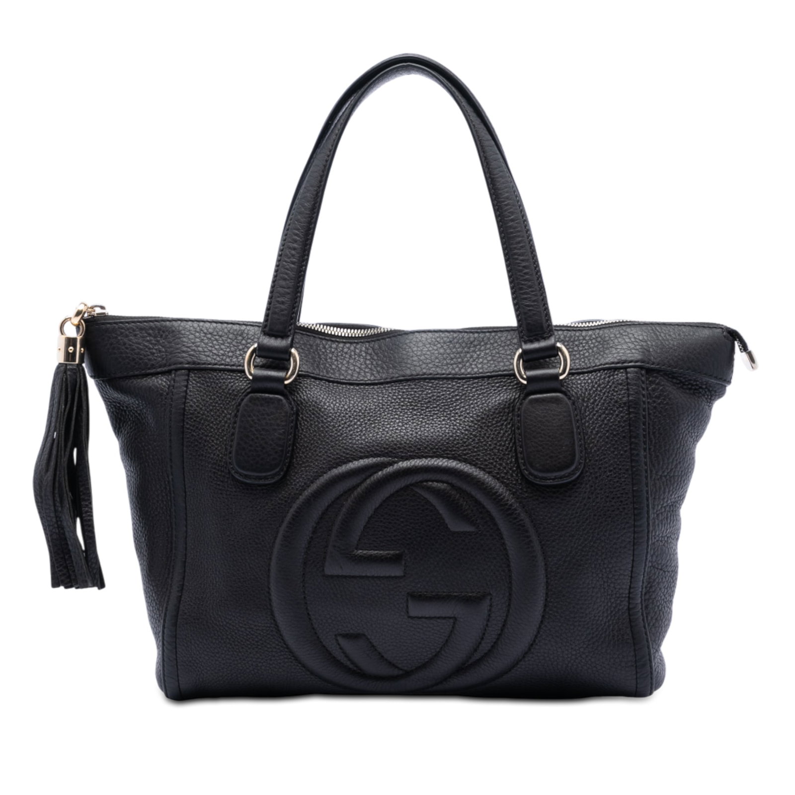 Gucci Soho Black Leather Small Tote Bag with Tassel Zip: Gucci Soho Black Leather Small Tote Bag with Tassel Zip This Gucci Small Leather Soho Working Tote features a black leather body with a top zip closure accented by a tassel detail. The tote is designe