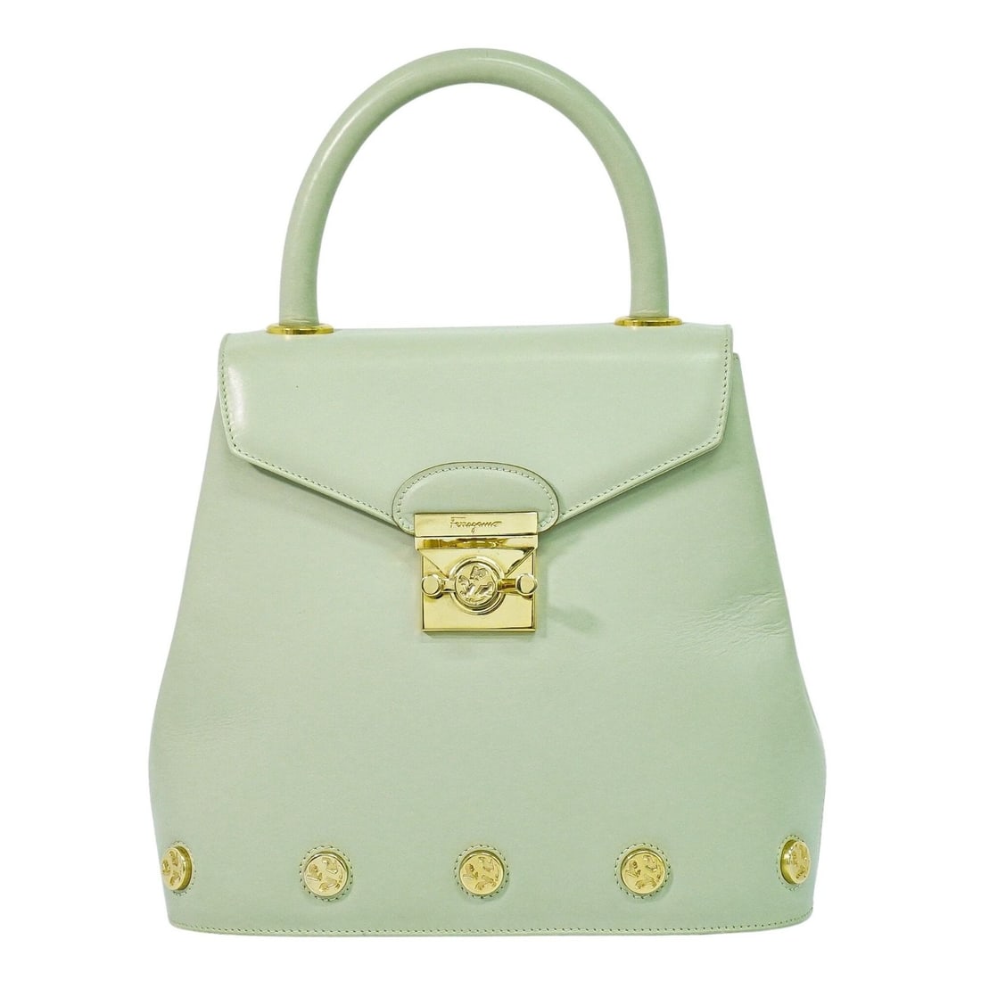 Salvatore Ferragamo Green Leather Vintage Top Handle Bag Italy: Salvatore Ferragamo Green Leather Vintage Top Handle Bag Italy This Salvatore Ferragamo vintage top handle handbag is crafted from green leather and designed for women. It features a structured silhou