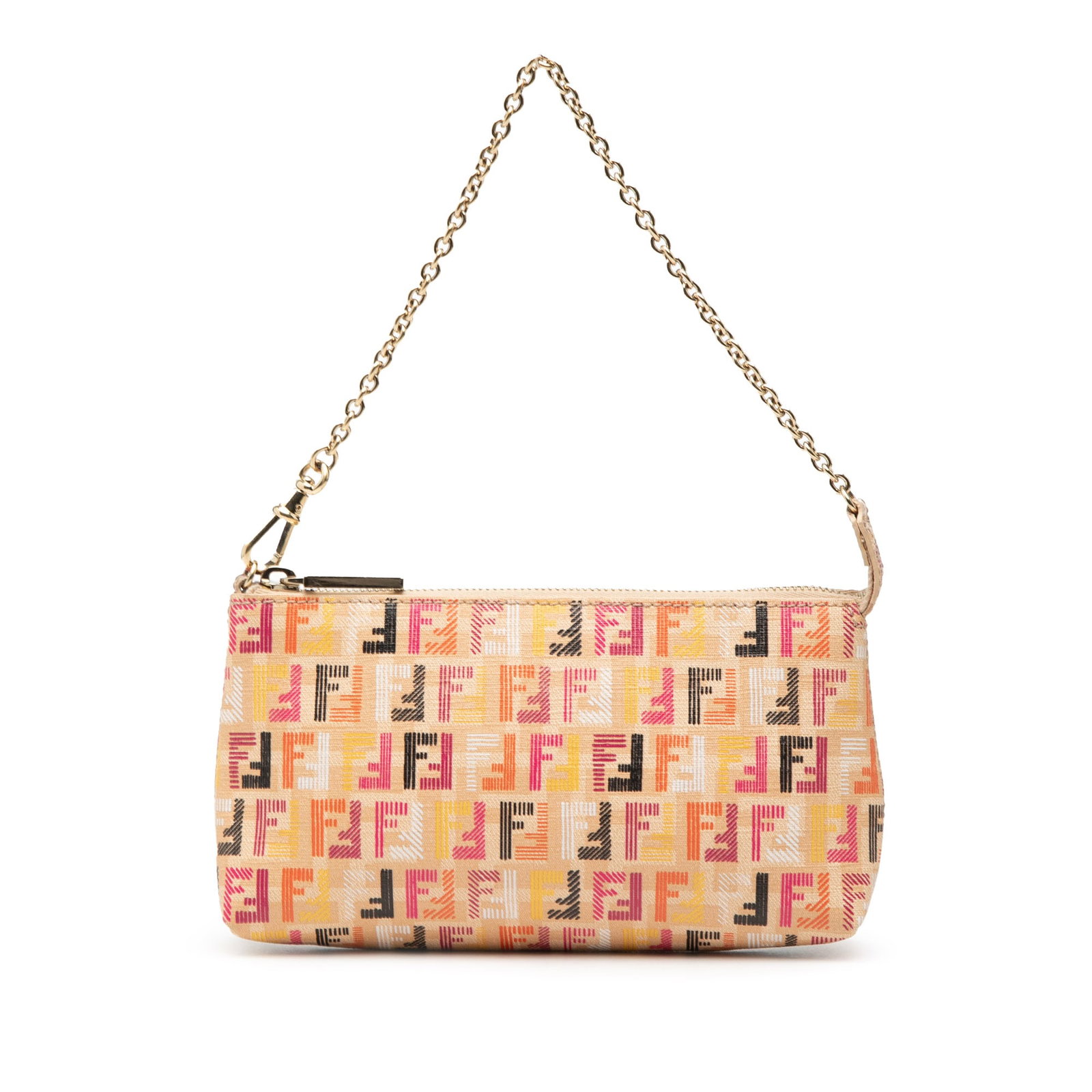 Fendi Zucchino Multicolor Coated Canvas Shoulder Bag with Chain Strap: Fendi Zucchino Multicolor Coated Canvas Shoulder Bag with Chain Strap This Fendi Multicolor Zucchino Spalmati Chain Pochette features a coated canvas exterior in a vibrant design, accented by a chain 