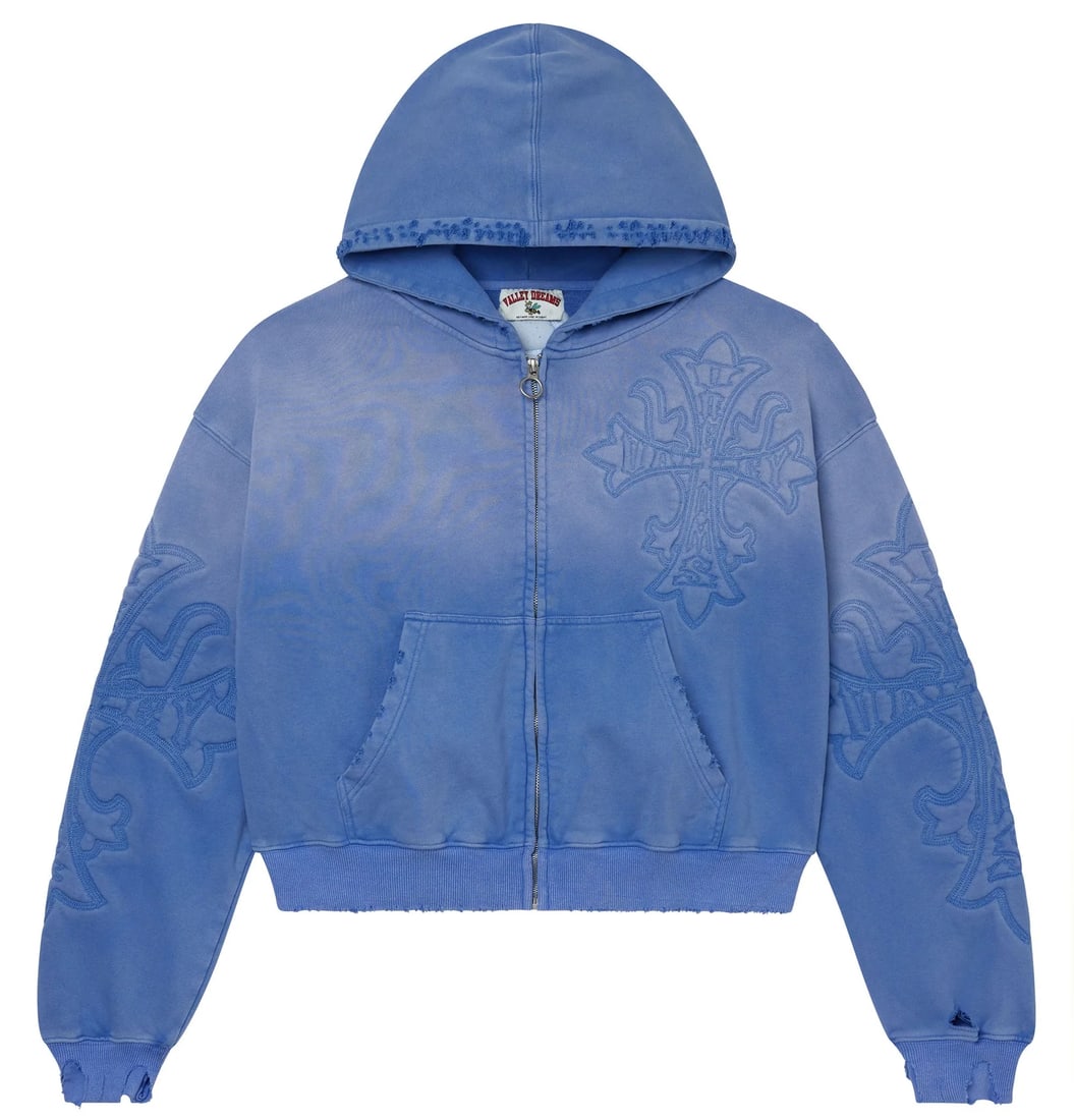Ice Blue Zip Front Hoodie by Vale Carver in Small: Ice Blue Zip Front Hoodie by Vale Carver in Small The Vale Carver Ice Blue Zip Up Hoodie offers a blend of comfort and modern style, made from a soft and durable cotton-blend fleece. It features a smo
