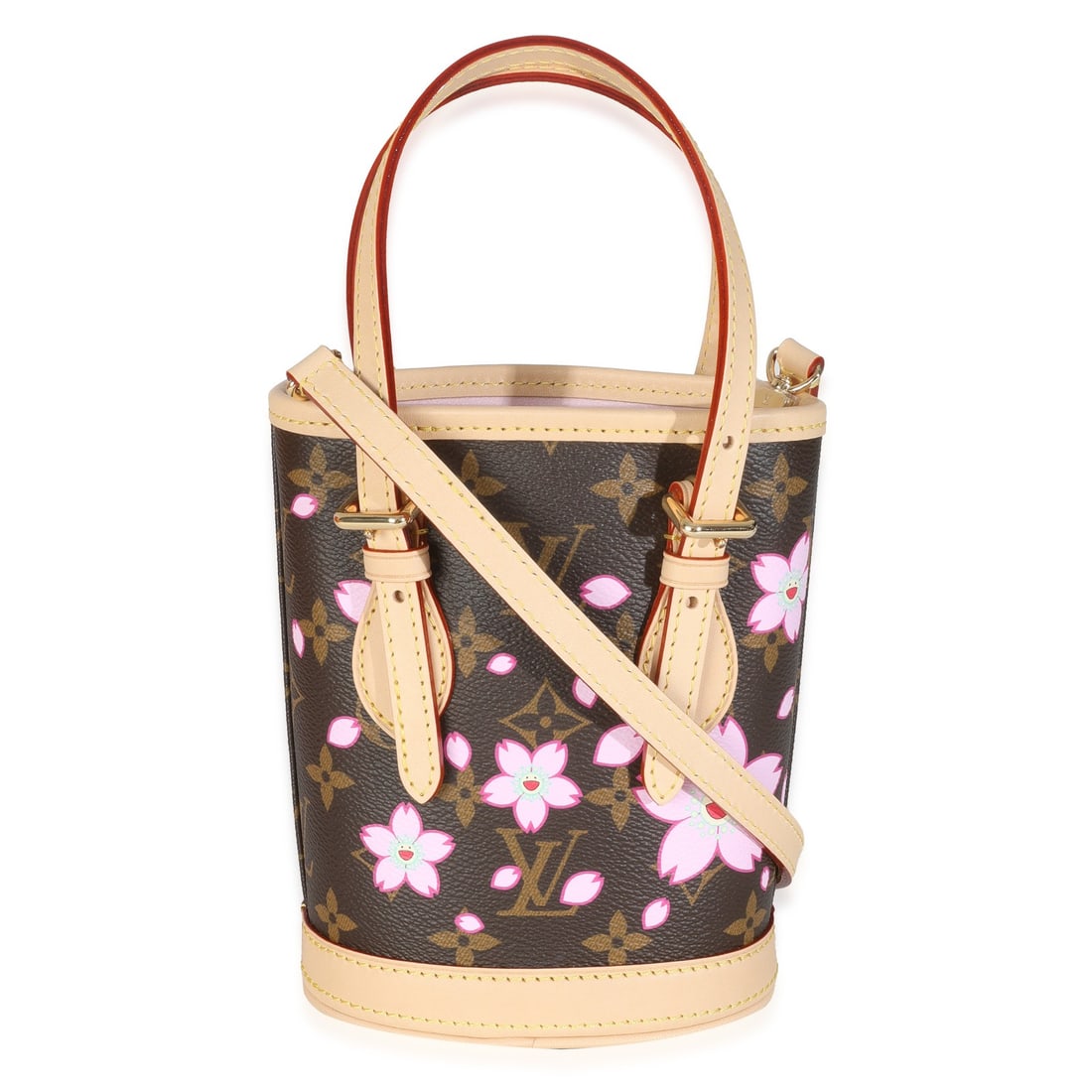 Louis Vuitton x TM Sakura Nano Bucket Bag Brown Beige Pink Canvas: Louis Vuitton x TM Sakura Nano Bucket Bag Brown Beige Pink Canvas This Louis Vuitton x TM Sakura Nano Bucket Bag showcases a delightful blend of brown, beige, and pink hues, adorned with the iconic ch