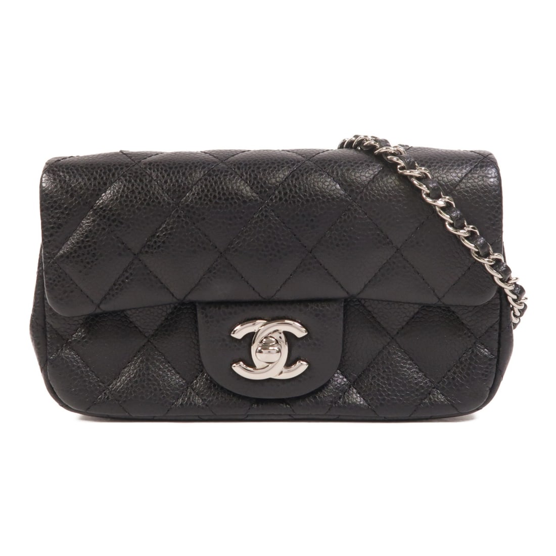 Chanel Classic Extra Mini Black Calfskin Flap Shoulder Bag with Silver Hardware: Chanel Classic Extra Mini Black Calfskin Flap Shoulder Bag with Silver Hardware This Chanel Classic Extra Mini Flap Chain Shoulder Bag features black calfskin leather with a silver-tone CC logo. Desig