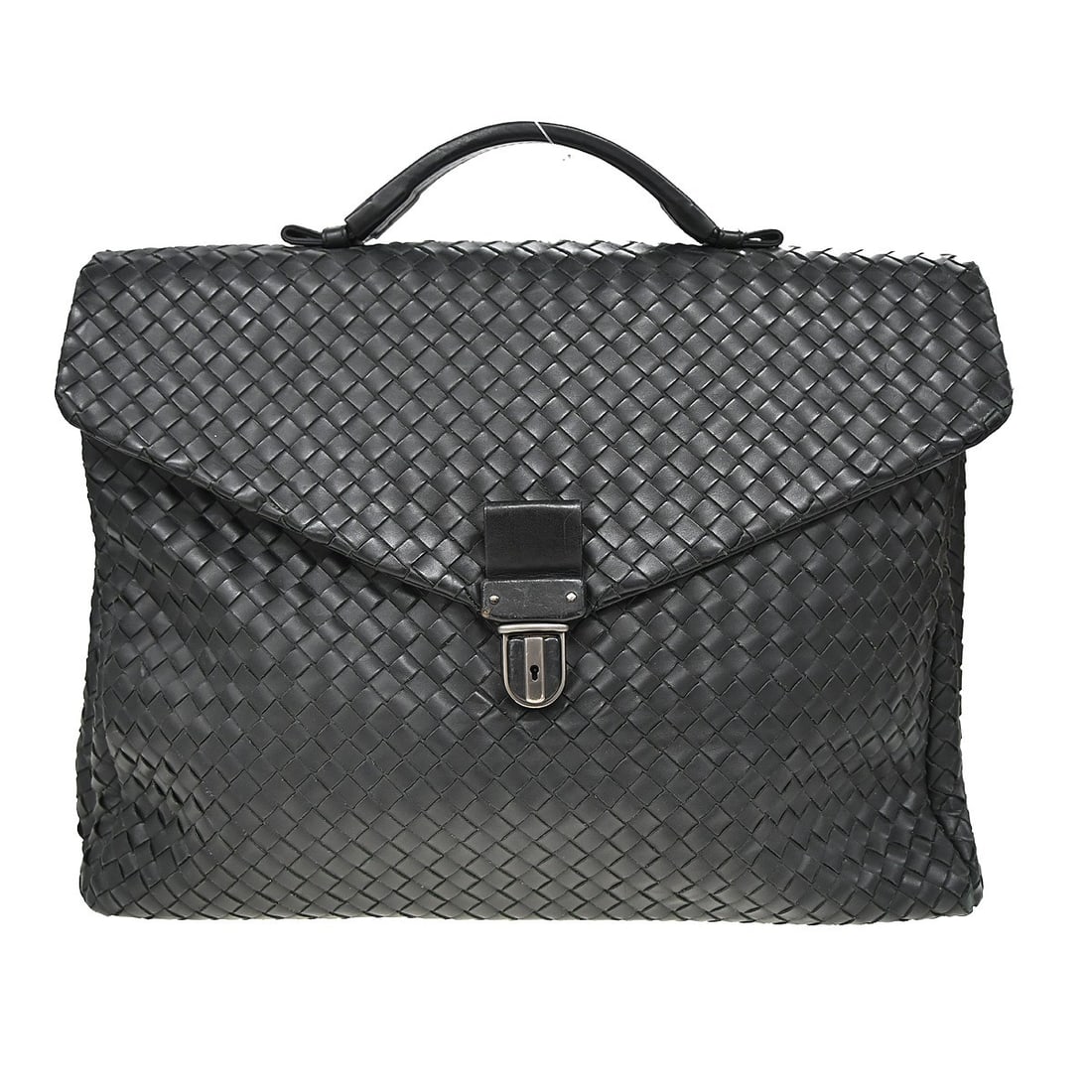 Intrecciato Medium Black Leather Top Handle Bag by Bottega Veneta: Intrecciato Medium Black Leather Top Handle Bag by Bottega Veneta This Bottega Veneta Intrecciato handbag is crafted from black lambskin leather and features the brand's signature woven pattern. Desig