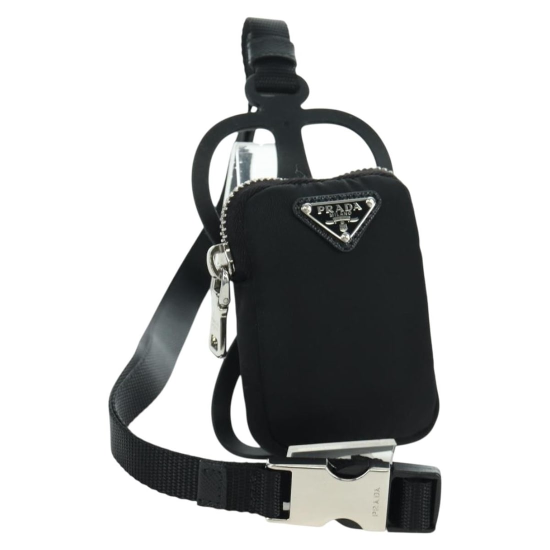 Prada Black Nylon Phone Pouch with Silver Accents and Box: Prada Black Nylon Phone Pouch with Silver Accents and Box This PRADA phone holder pouch is crafted from black nylon with silver-tone details. Designed for women, it features a compact and sleek silhou