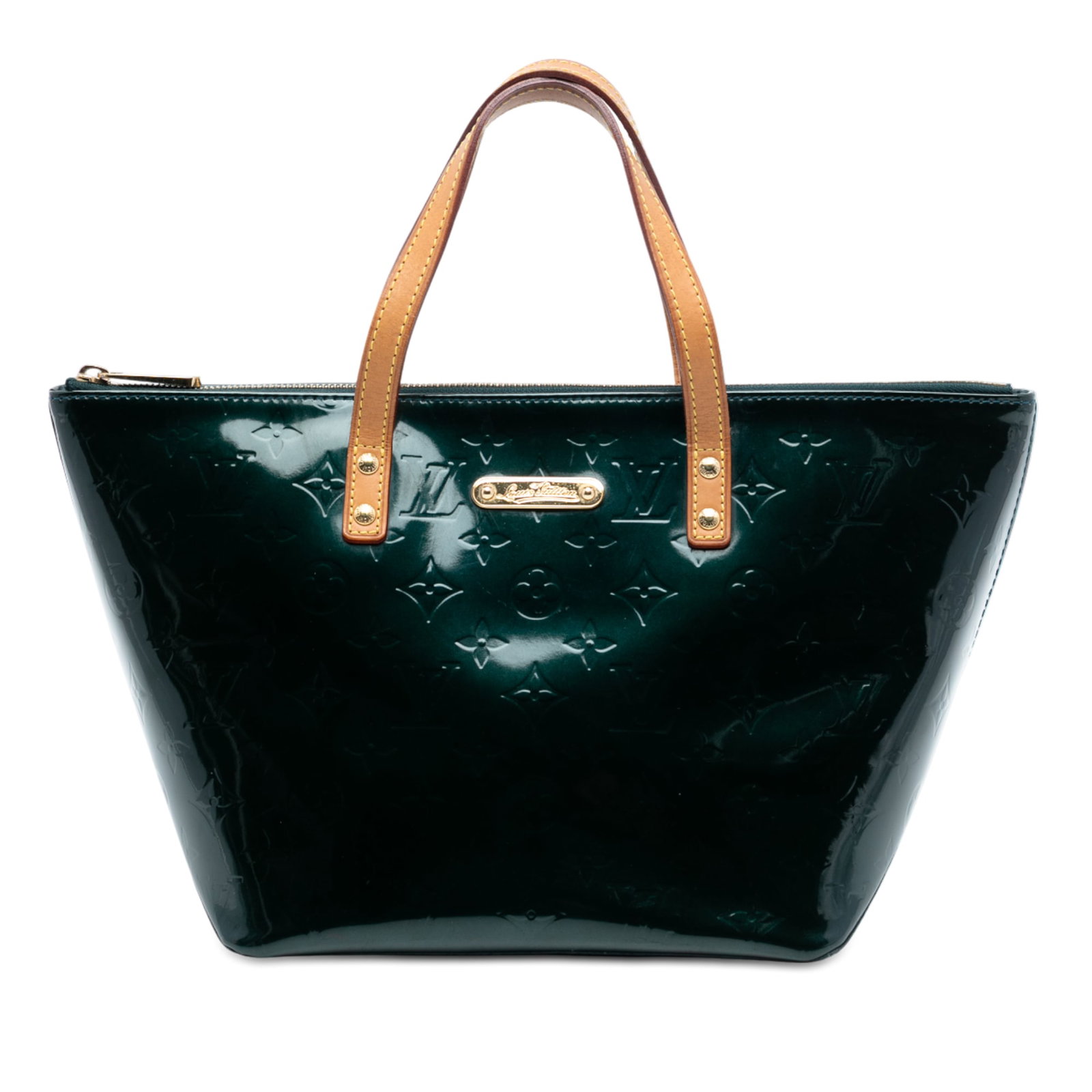 Green Monogram Vernis Bellevue PM Handbag by Louis Vuitton: Green Monogram Vernis Bellevue PM Handbag by Louis Vuitton This Louis Vuitton Monogram Vernis Bellevue PM features a vernis leather body in green, complemented by flat vachetta leather handles. The ba