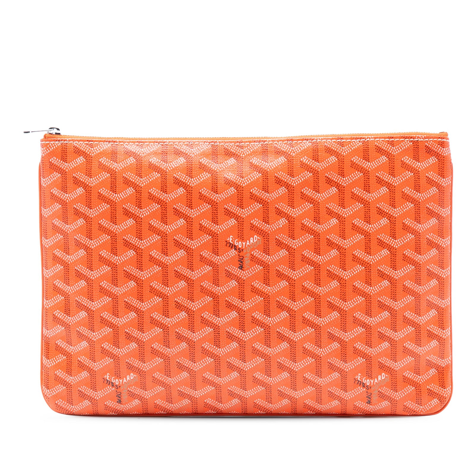 Goyard Goyardine Senat MM Orange Coated Canvas Pouch with Zip Closure: Goyard Goyardine Senat MM Orange Coated Canvas Pouch with Zip Closure This Goyardine Senat MM pouch features a coated canvas body in orange, a top zip closure, and an interior slip pocket. The exterio