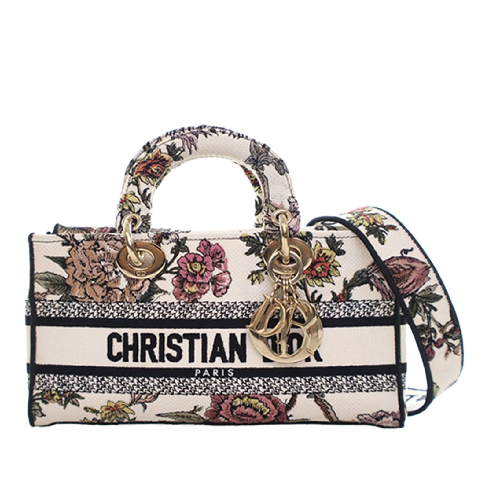 Dior Lady D Joy Medium Floral Embroidered Canvas Satchel Bag: Dior Lady D Joy Medium Floral Embroidered Canvas Satchel Bag This Dior Medium Embroidered Floral Canvas Lady D Joy satchel bag features a beautifully embroidered floral canvas body, complemented by fl