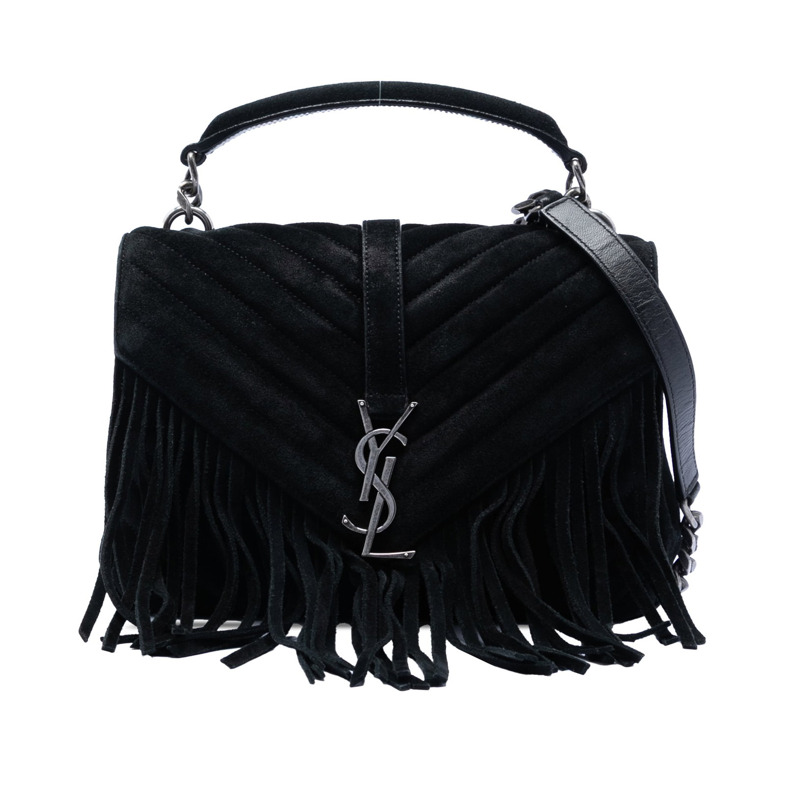 Saint Laurent College Satchel Medium Black Suede Fringe Quilted Bag: Saint Laurent College Satchel Medium Black Suede Fringe Quilted Bag This Saint Laurent Medium Chevron Suede Monogram Fringe College Satchel features a quilted suede leather body with a classic chevron