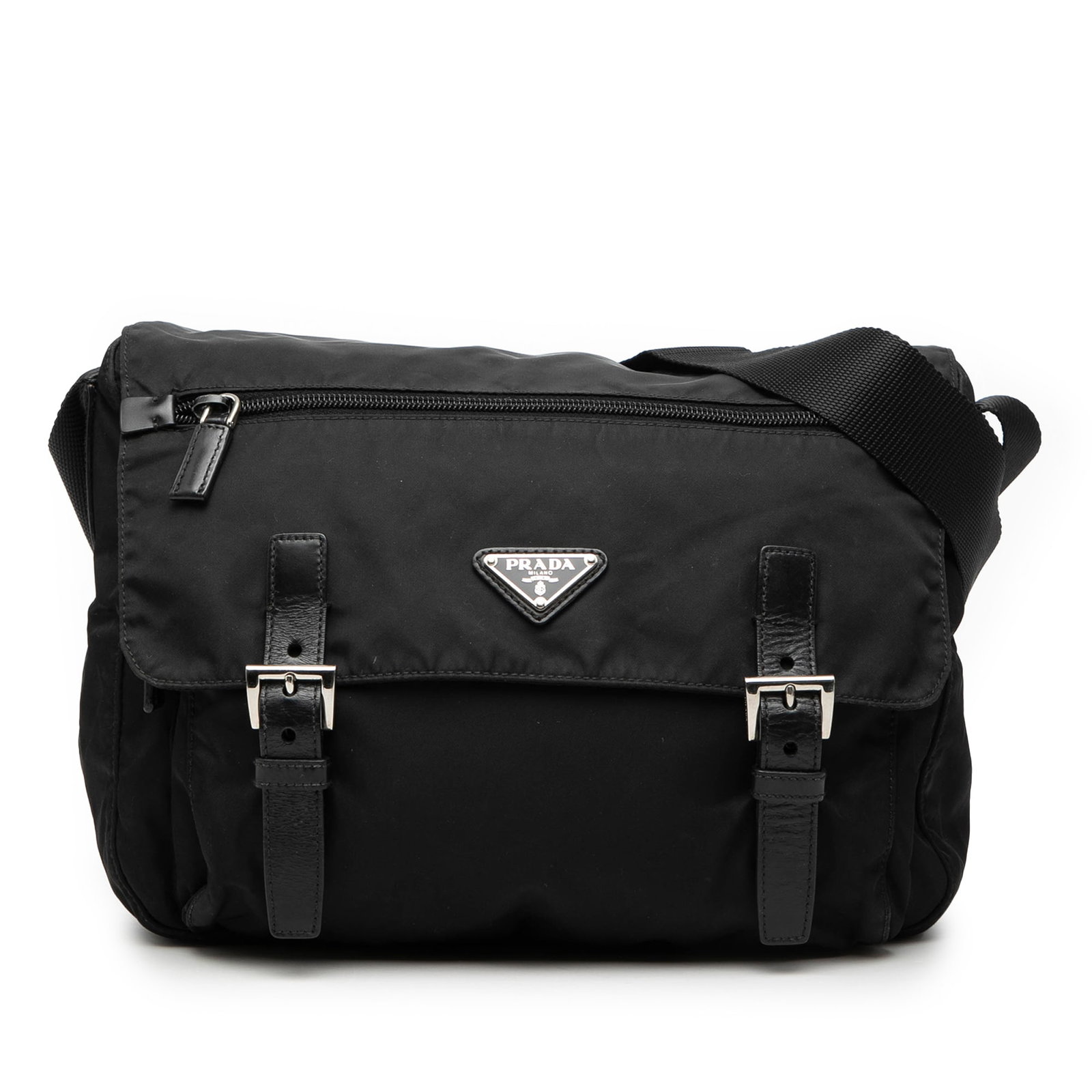 Prada Tessuto Black Nylon Crossbody Messenger with Double Buckle Flap: Prada Tessuto Black Nylon Crossbody Messenger with Double Buckle Flap This Prada Tessuto Zip Double Buckle Messenger Bag features a durable nylon body with leather trim, an adjustable flat strap, a fr