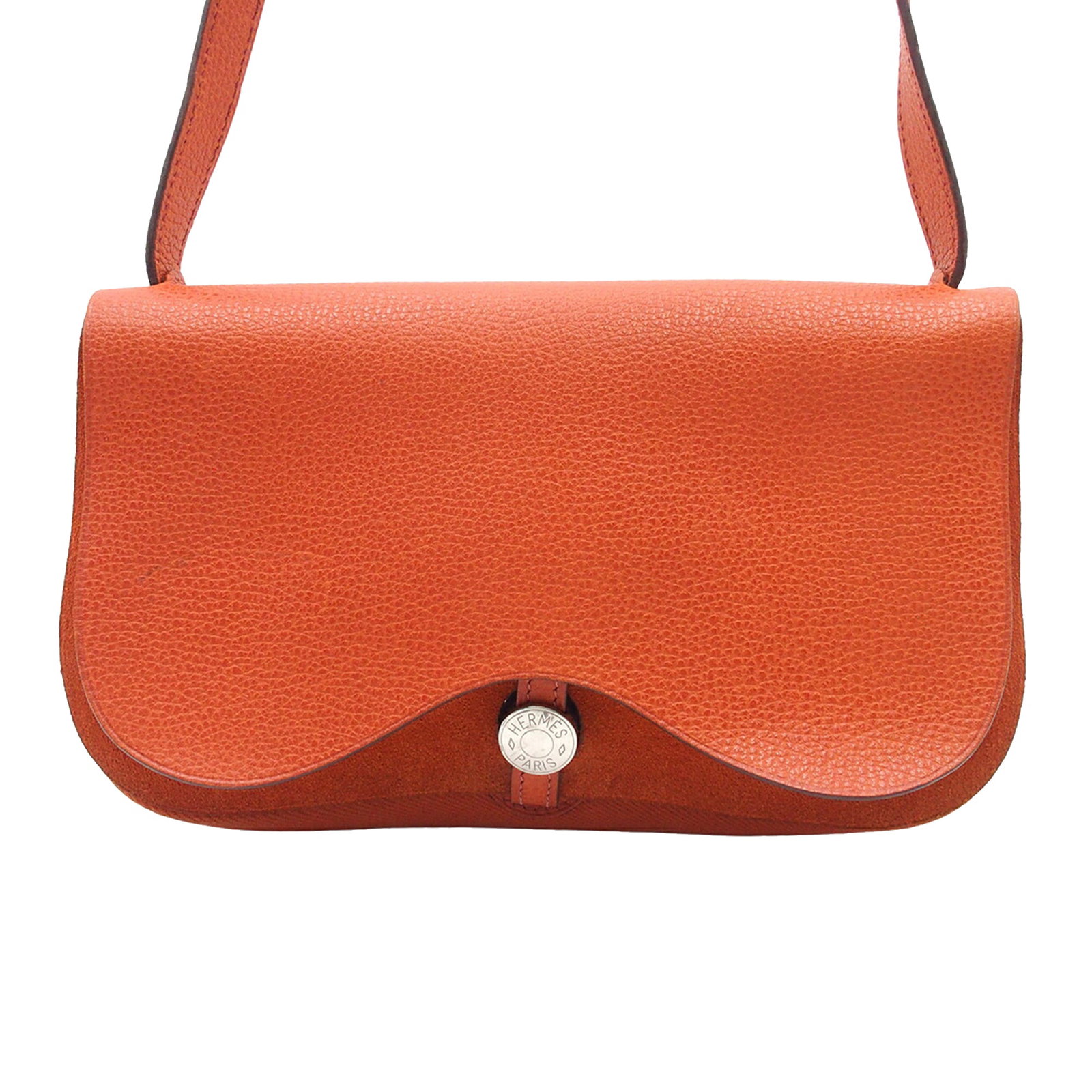 Hermes Colorado PM Orange Leather and Canvas Shoulder Bag: Hermes Colorado PM Orange Leather and Canvas Shoulder Bag The Hermes Vache Liege and Toile Sac Colorado PM is crafted from Vache Liegee leather and canvas in Potiron color, featuring a flat leather st