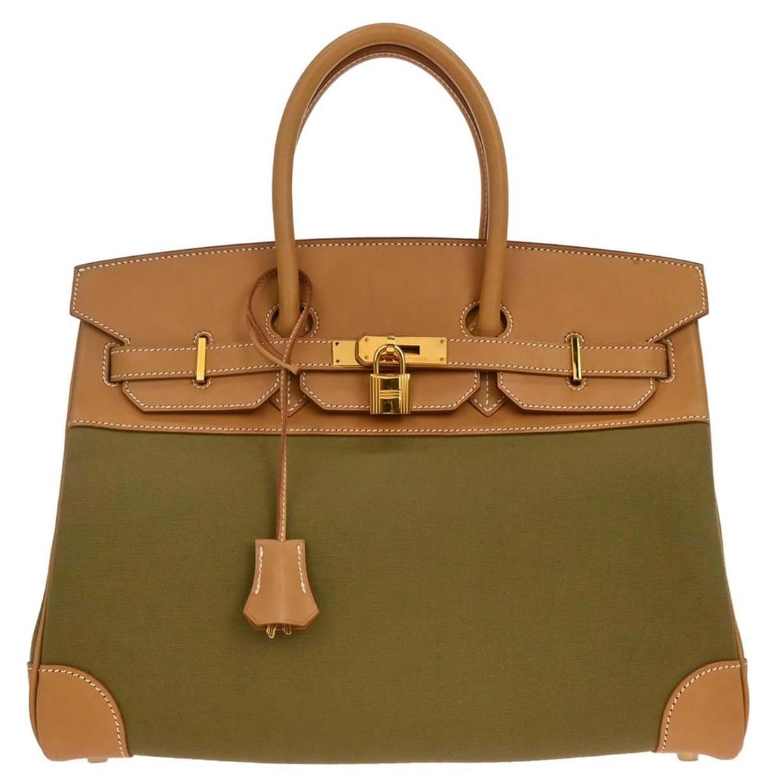 Hermes Birkin 35 Khaki Natural Toile Officier Handbag: Hermes Birkin 35 Khaki Natural Toile Officier Handbag Introducing the exquisite Hermes Birkin 35 Handbag in Khaki Natural Toile Officier Vache. This stylish satchel features a double handle design and