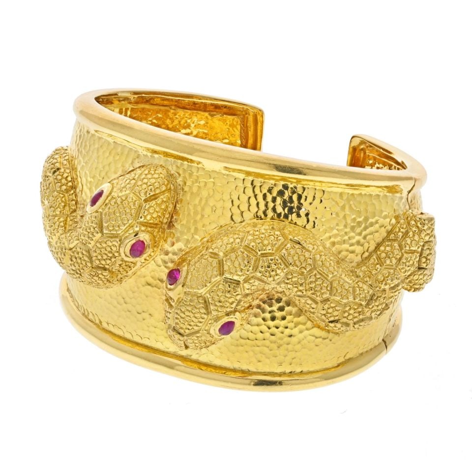 David Webb Twin Serpent Cuff Bracelet in Platinum and 18K Yellow Gold: David Webb Twin Serpent Cuff Bracelet in Platinum and 18K Yellow Gold This exquisite David Webb cuff bracelet features a stunning double snake design, beautifully crafted from platinum and 18K yellow 