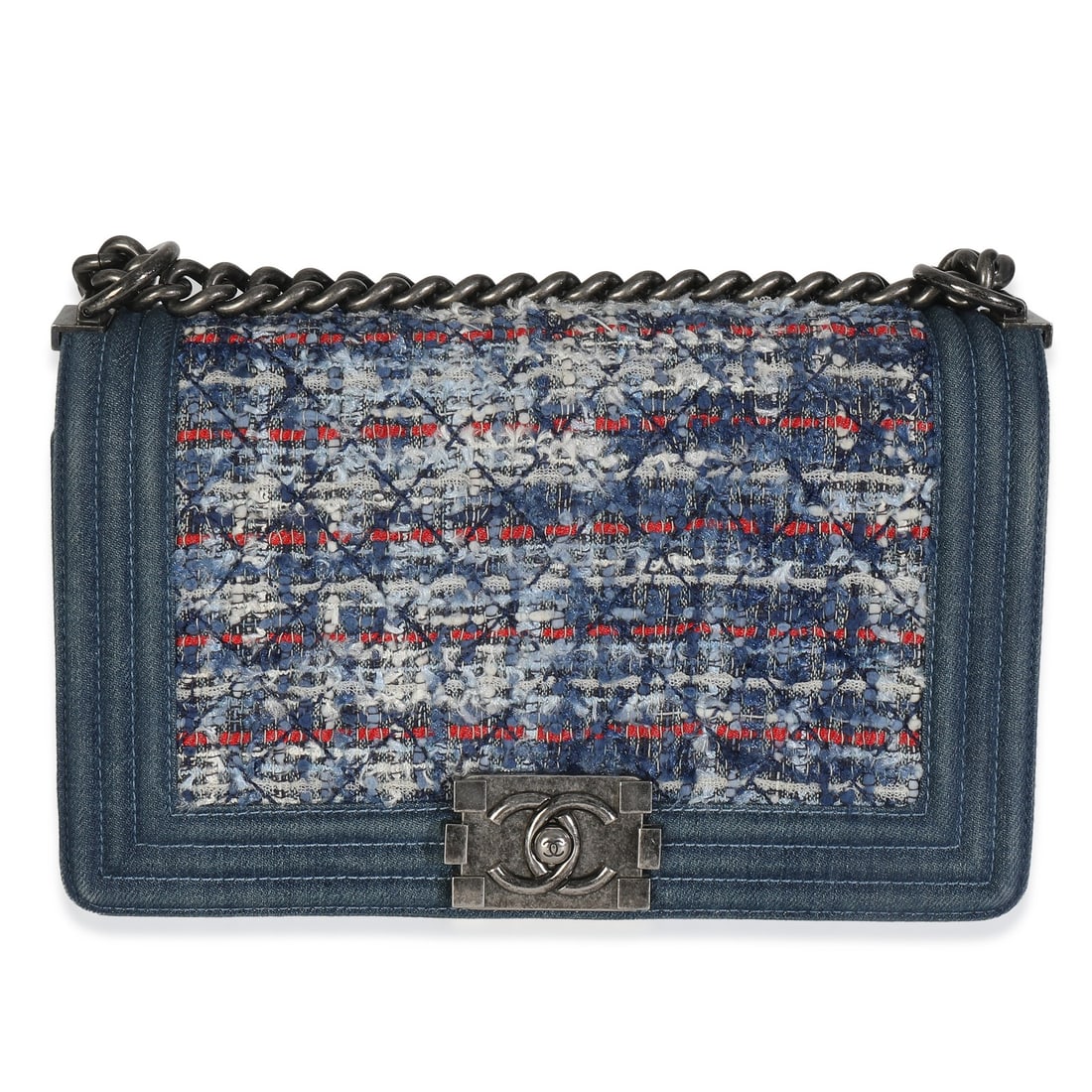 Chanel Boy Bag Old Medium Blue Multicolor Quilted Denim Tweed Handbag: Chanel Boy Bag Old Medium Blue Multicolor Quilted Denim Tweed Handbag This Chanel Boy Bag features a blue, red, and white multicolor design crafted from quilted denim and tweed. The bag is equipped wi