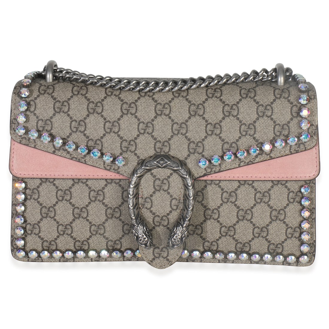Small Dionysus Shoulder Bag in Pink Beige GG Supreme Canvas with Crystals: Small Dionysus Shoulder Bag in Pink Beige GG Supreme Canvas with Crystals This Gucci Small Dionysus Shoulder Bag features pink and beige GG Supreme coated canvas with suede accents. The bag is designe