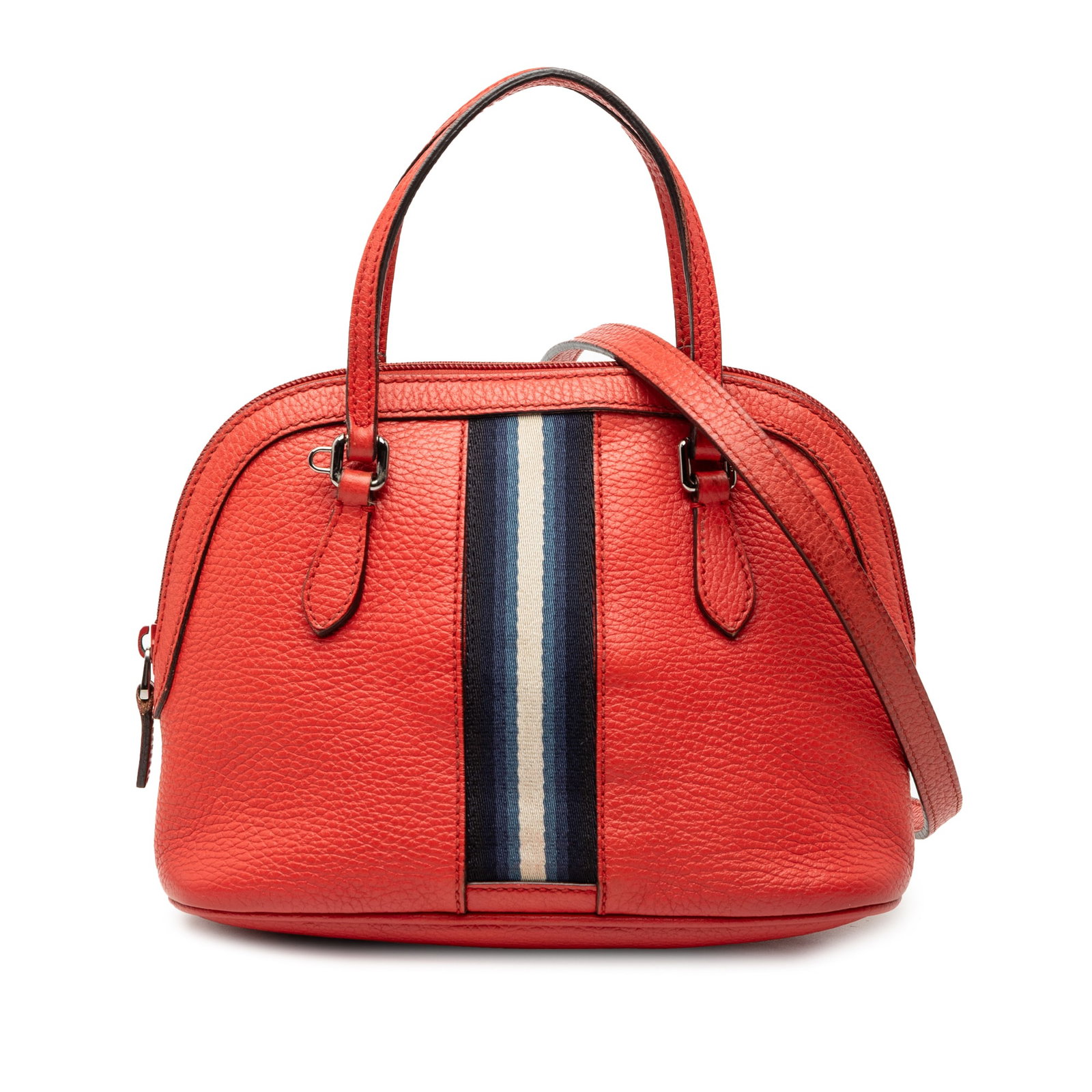 Gucci Red Leather Mini Satchel with Web Stripe and Dome Shape: Gucci Red Leather Mini Satchel with Web Stripe and Dome Shape This Gucci Mini Calfskin Web Dome Satchel is crafted from calf leather with signature web detailing. It features flat leather handles, a d
