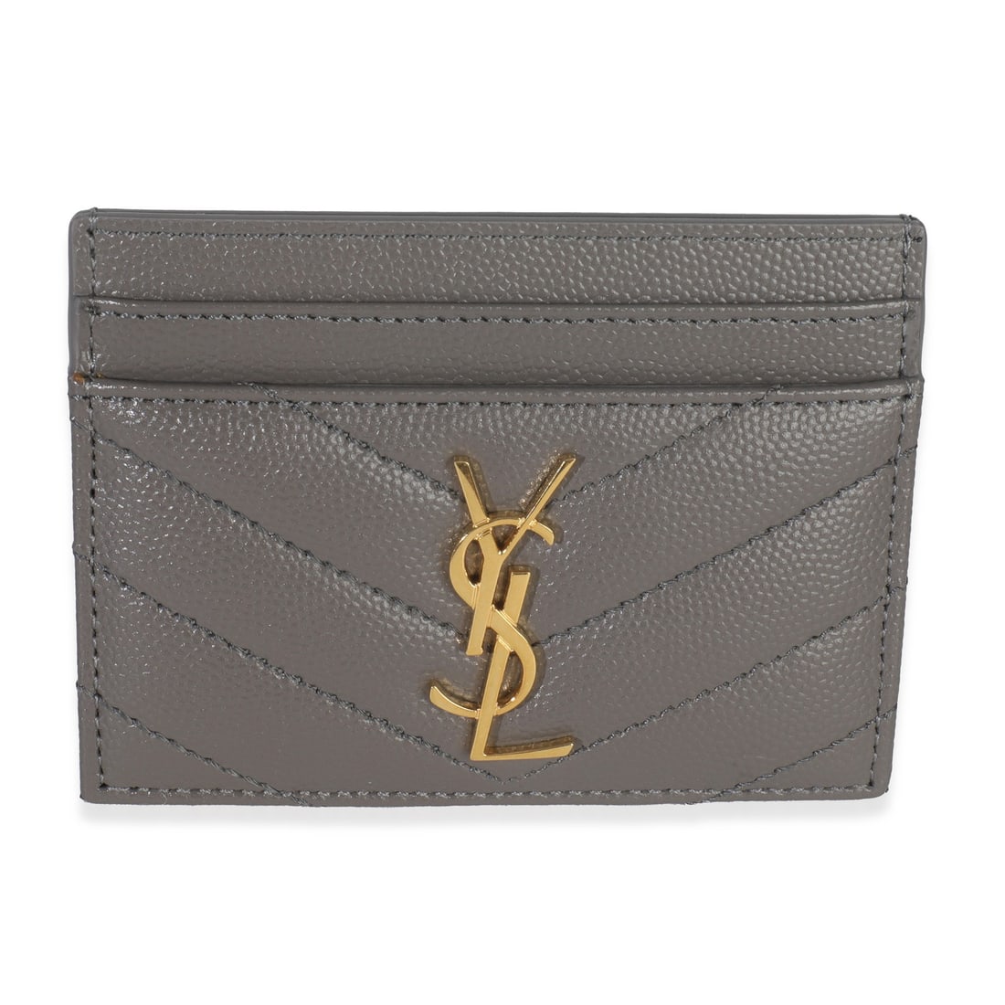 Cassandre Card Case by Saint Laurent Fog Grain Gray Leather Wallet: Cassandre Card Case by Saint Laurent Fog Grain Gray Leather Wallet This Saint Laurent Cassandre card case features a fog gray Grain de Poudre leather exterior with an open top design and gold-tone har