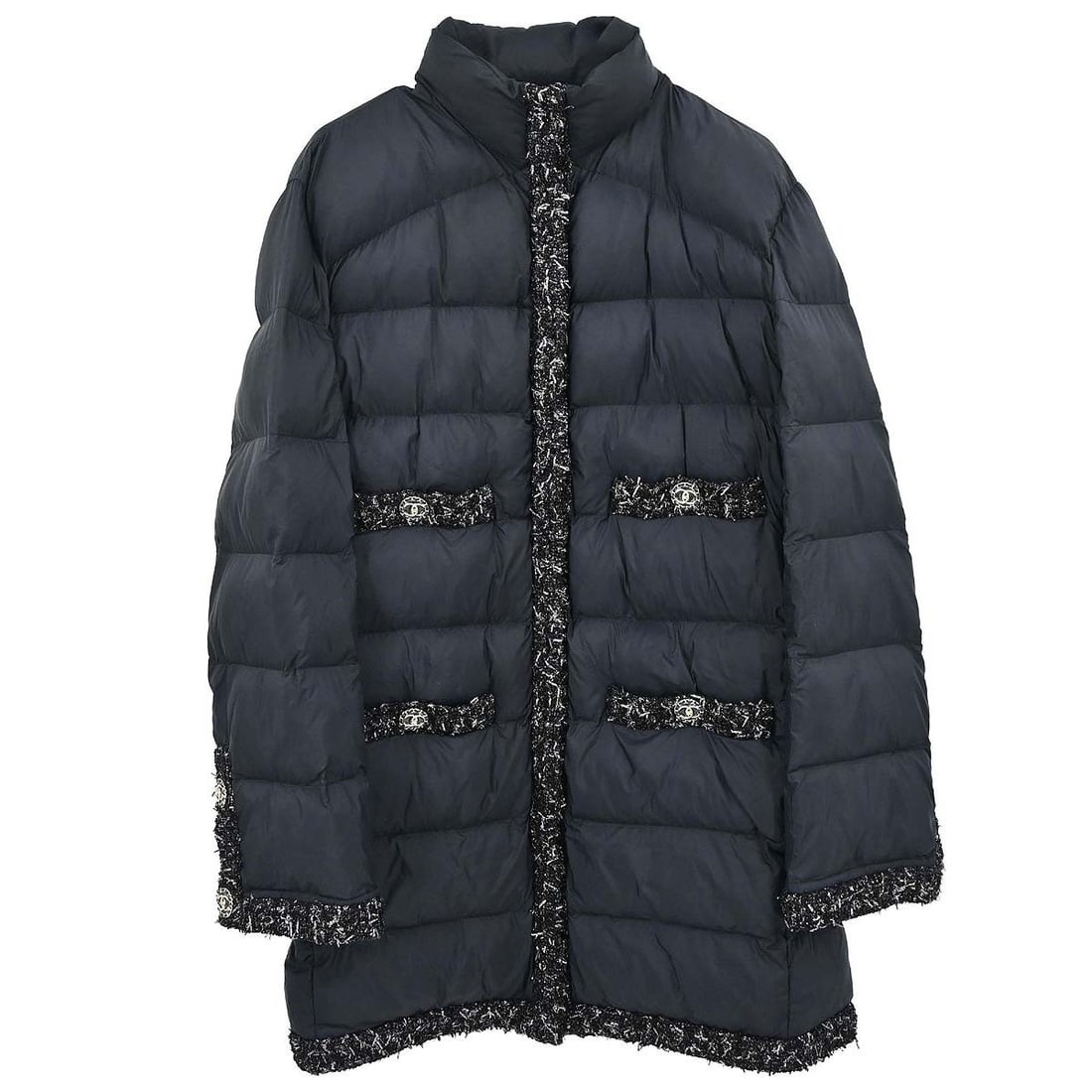 Black Tweed Zip Front Mid Length Coat by Chanel Size 42 (1 of 18)