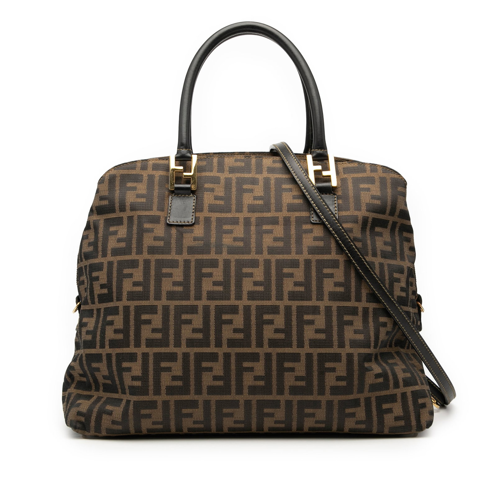 Fendi Brown Zucca Canvas Satchel with Leather Handles and Detachable Strap: Fendi Brown Zucca Canvas Satchel with Leather Handles and Detachable Strap The Fendi Zucca Canvas Satchel features a durable canvas body with rolled leather handles and a detachable flat leather strap