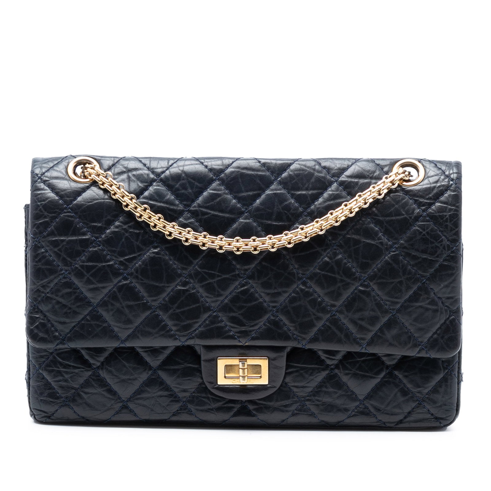 Chanel Reissue 2.55 Aged Calfskin Quilted Double Flap Bag 226 Blue: Chanel Reissue 2.55 Aged Calfskin Quilted Double Flap Bag 226 Blue This Chanel Reissue 2.55 Double Flap 226 shoulder bag is crafted from quilted aged calfskin leather in blue. It features chain link s