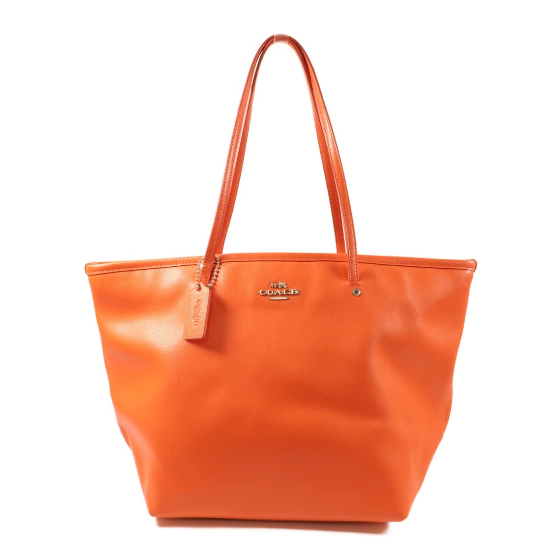 Coach Orange Calfskin Leather Tote Bag with Silver Hardware: Coach Orange Calfskin Leather Tote Bag with Silver Hardware This COACH tote bag features a vibrant orange calfskin leather exterior, offering both durability and style. Designed for women, this regula