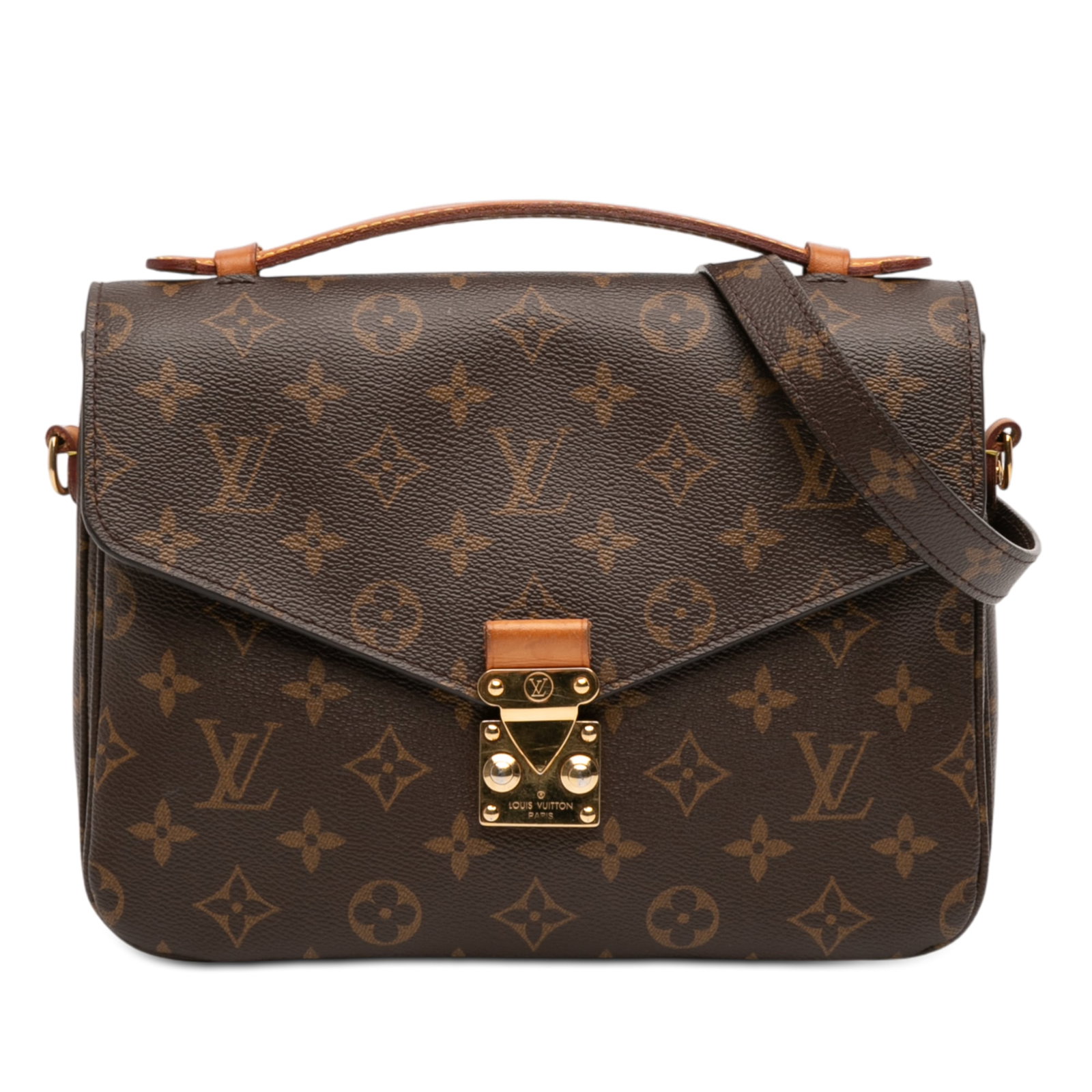 Louis Vuitton Pochette Metis Monogram Canvas Shoulder Bag with S-Lock: Louis Vuitton Pochette Metis Monogram Canvas Shoulder Bag with S-Lock The Louis Vuitton Monogram Pochette Metis features a monogram canvas body with a flat vachetta leather top handle, a detachable fl