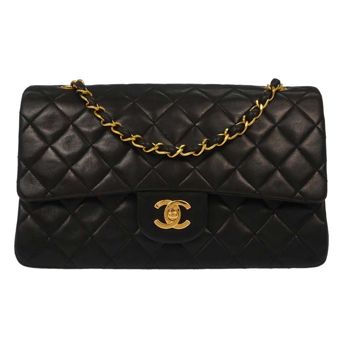 Medium Classic Double Flap Shoulder Bag in Black Lambskin by Chanel: Medium Classic Double Flap Shoulder Bag in Black Lambskin by Chanel This Chanel Medium Classic Double Flap Shoulder Bag features a black lambskin exterior with a turn lock closure. Designed for women,