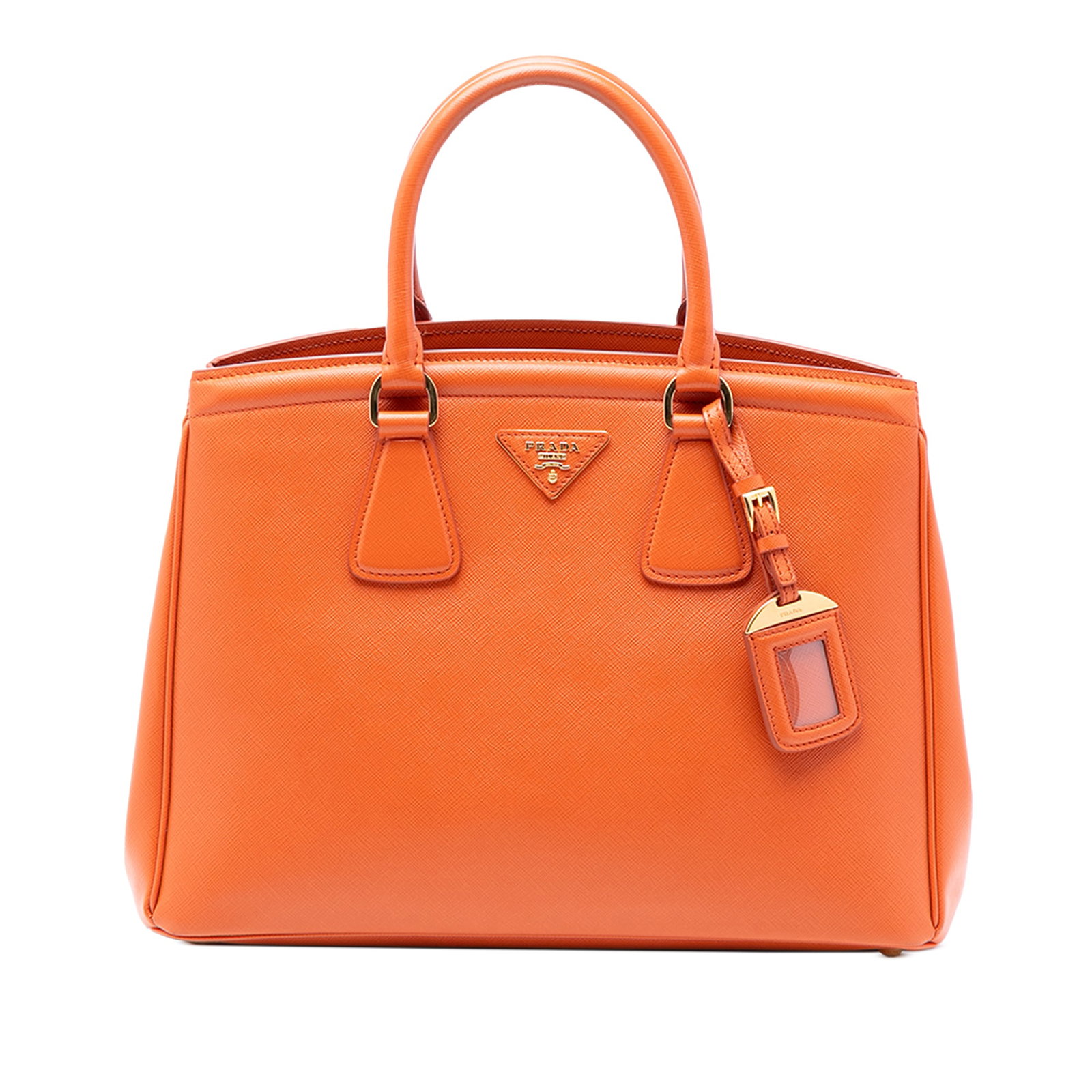 Orange Prada Saffiano Lux Parabole Leather Tote Bag: Orange Prada Saffiano Lux Parabole Leather Tote Bag This Prada Saffiano Lux Parabole Tote features an orange leather body with rolled handles, an open top design, an interior zip compartment, and addi