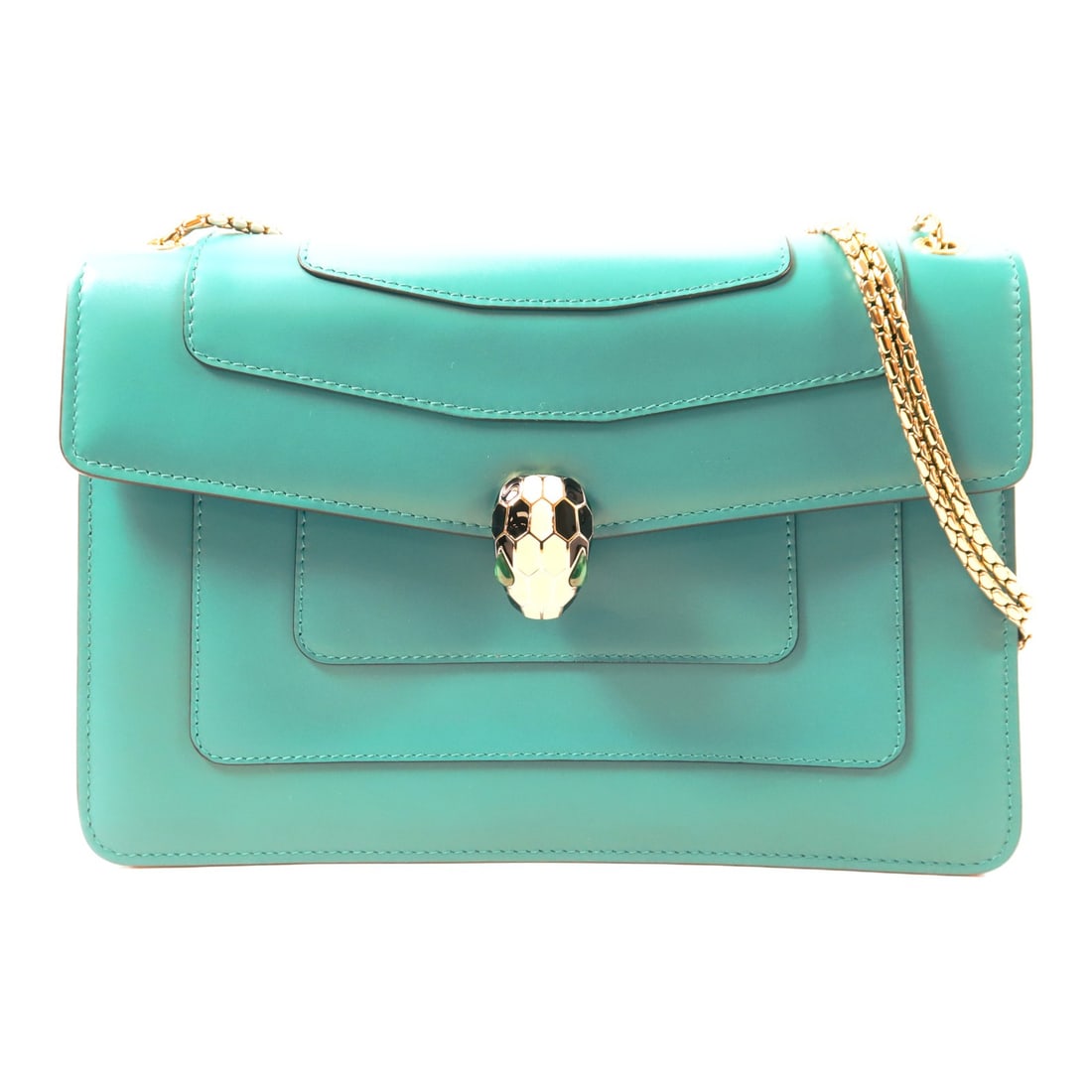 BVLGARI Serpenti Forever Green Calfskin Chain Shoulder Bag Gold Hardware: BVLGARI Serpenti Forever Green Calfskin Chain Shoulder Bag Gold Hardware This BVLGARI Serpenti Forever chain shoulder bag is crafted from green calfskin leather and features a structured silhouette. D