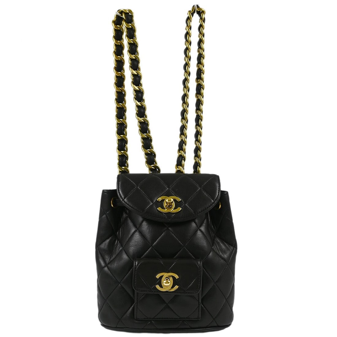 Chanel Black Lambskin Duma Mini Backpack with Chain Strap: Chanel Black Lambskin Duma Mini Backpack with Chain Strap This stylish Chanel Duma Backpack is crafted from luxurious black lambskin, making it a perfect addition to any casual outfit. Featuring a dra