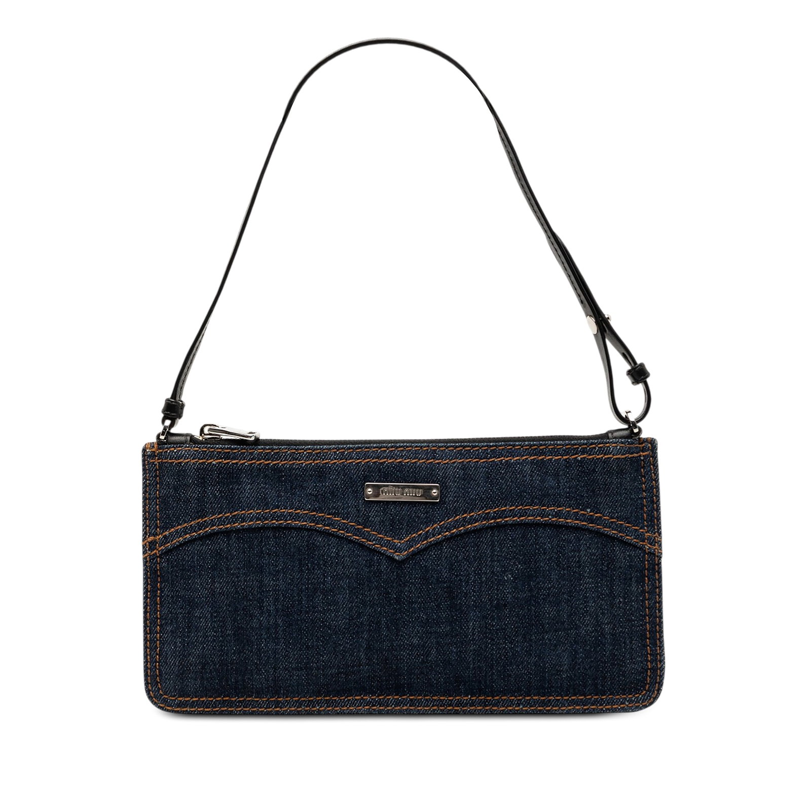 Blue Denim Shoulder Purse with Leather Strap by Miu Miu: Blue Denim Shoulder Purse with Leather Strap by Miu Miu This shoulder bag features a denim body with a flat leather strap and a top zip closure. The bag is colored blue and is crafted in Italy. Signs 