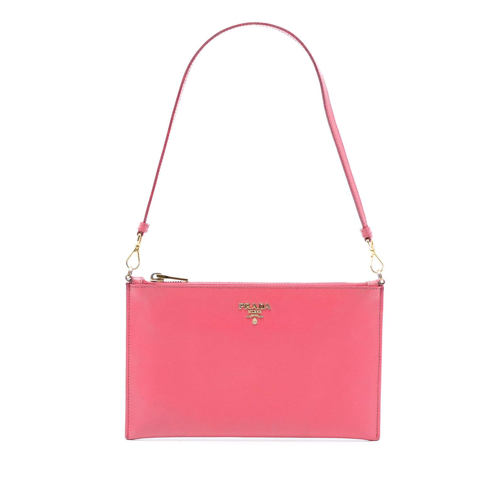 Pink Prada Saffiano Leather Shoulder Bag with Detachable Strap: Pink Prada Saffiano Leather Shoulder Bag with Detachable Strap This Prada Saffiano Shoulder Bag features a pink leather body with a detachable flat leather strap, a top zip closure, and both interior 