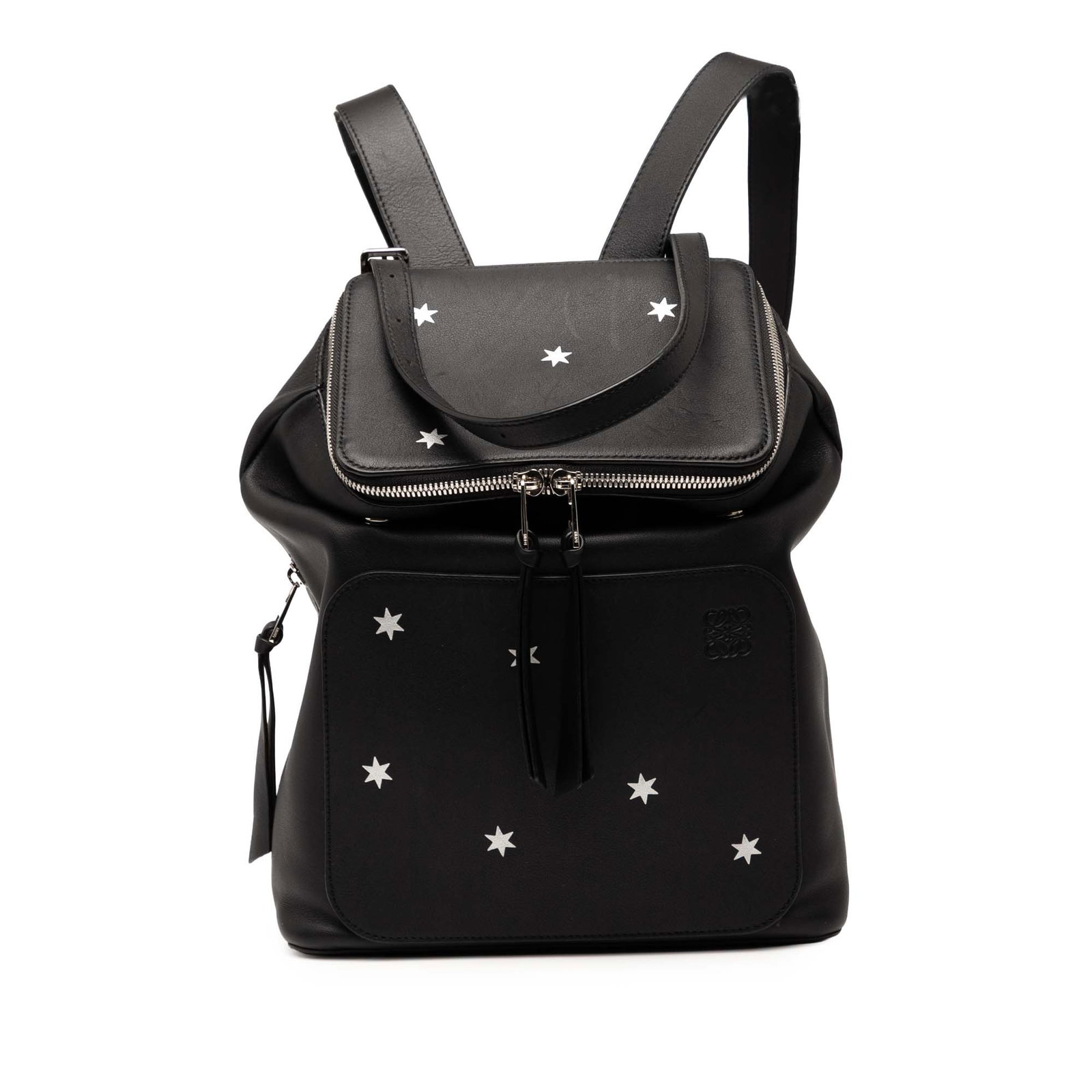 LOEWE Small Goya Stars Leather Backpack Black: LOEWE Small Goya Stars Leather Backpack Black The LOEWE Small Leather Goya Stars Backpack is a stylish accessory featuring a sleek leather body adorned with silver-tone star details. This backpack inc